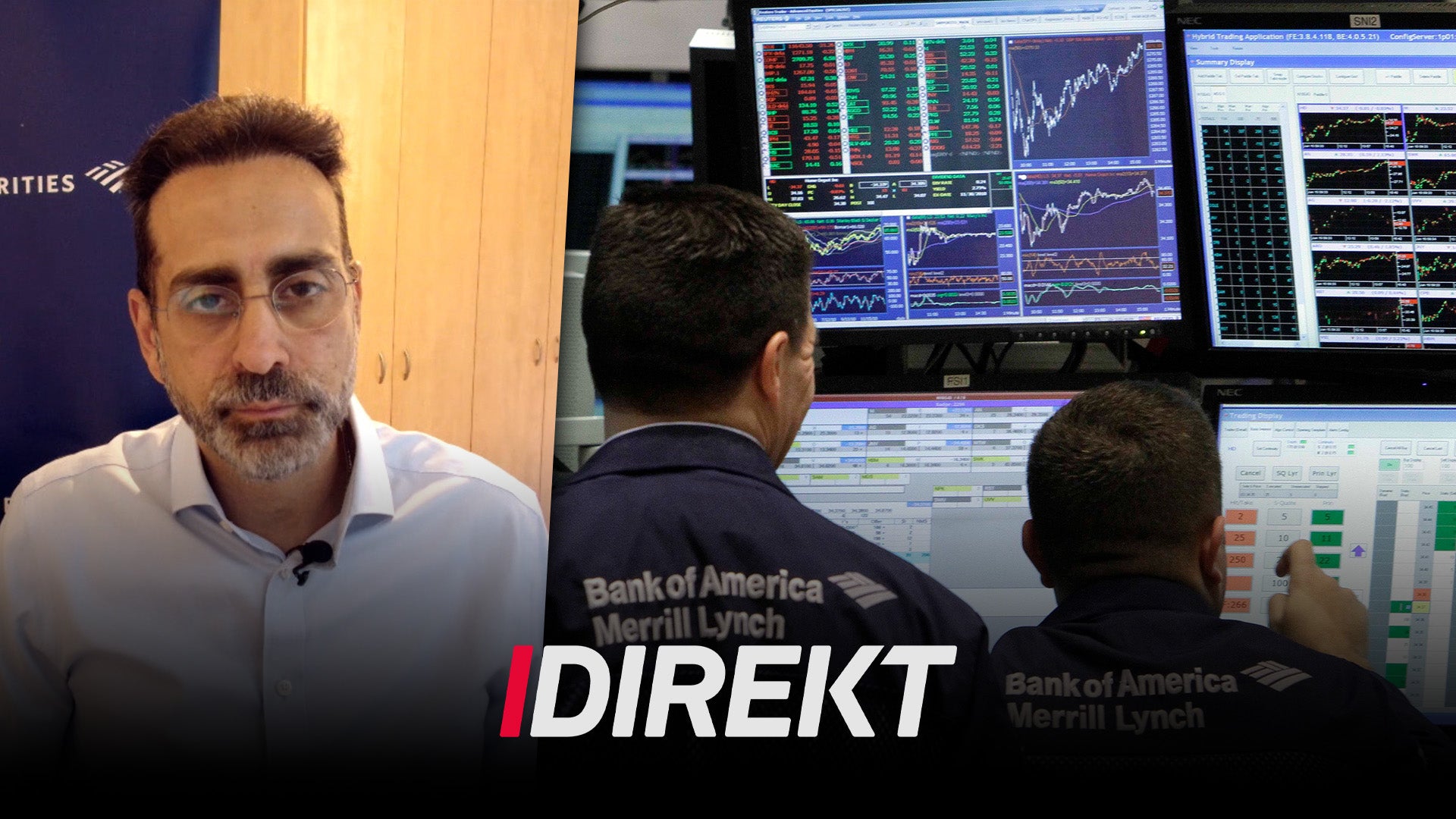 En man i vit skjorta står till vänster medan två personer sitter framför datorskärmar med aktiemarknadsgrafik och finansiell data. Bank of America Merrill Lynch logotyp är synlig.