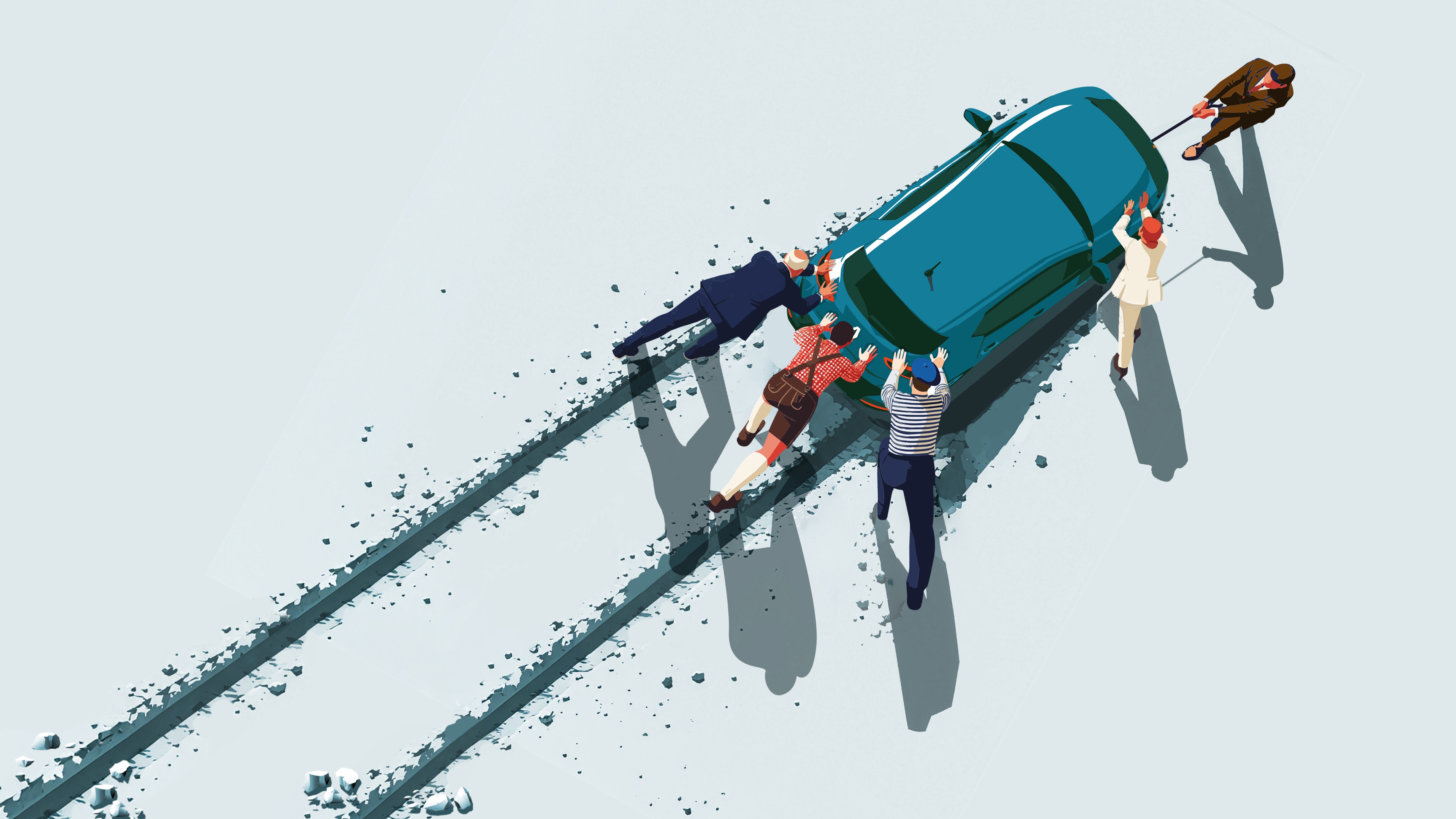 Illustration sedd uppifrån av flera personer som tillsammans putta en blå bil framåt.