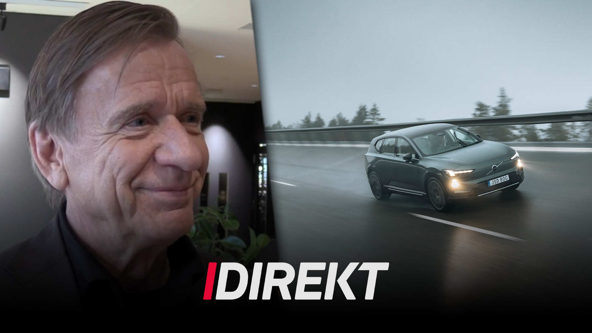 Porträttbild av en man bredvid en Volvo-bil som kör på en väg. Texten DIREKT visas längst ned på bilden.