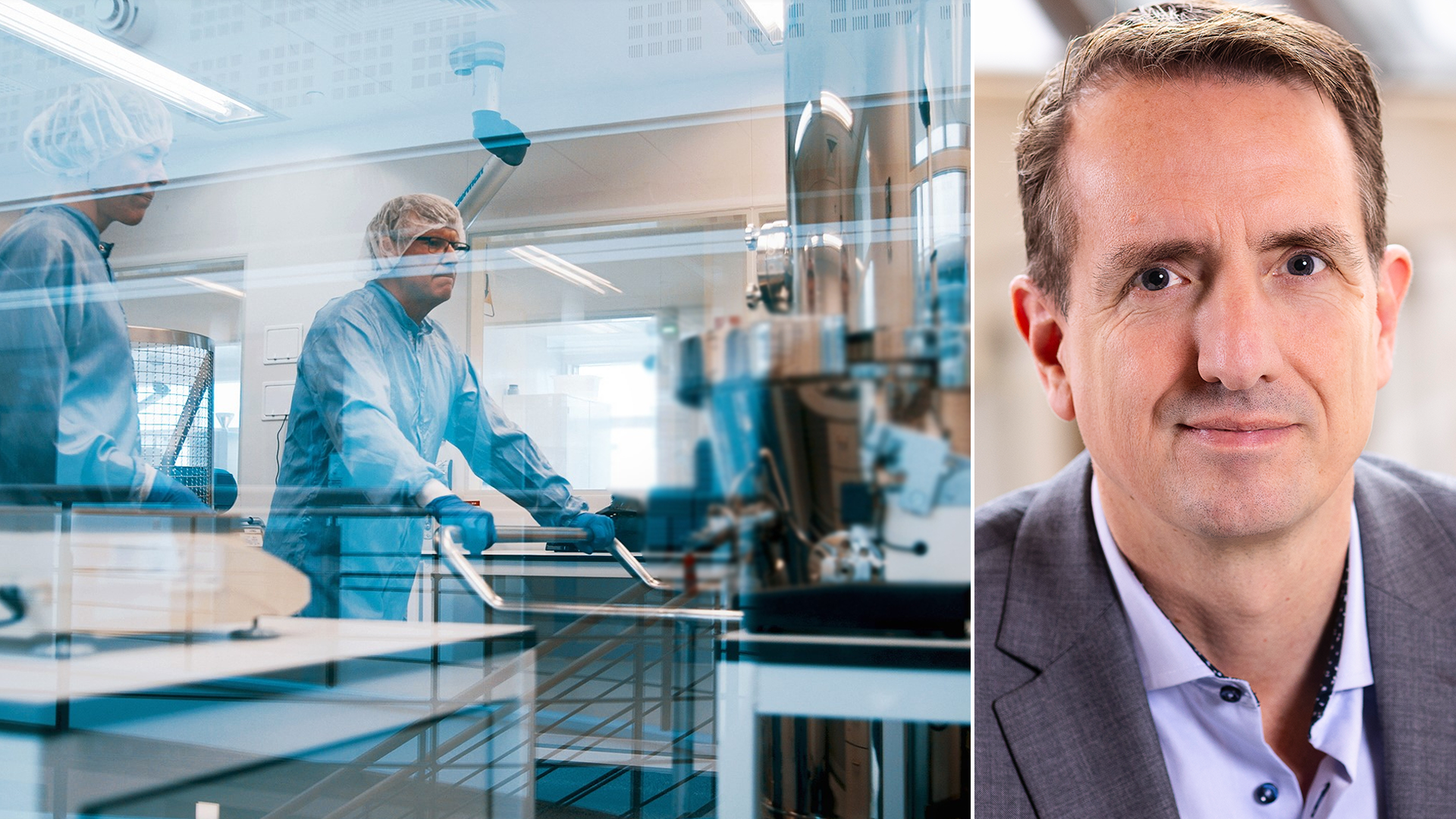 Laboratoriepersonal i skyddsutrustning arbetar vid en arbetsbänk tillsammans med ett porträttfoto av en man i affärskläder.