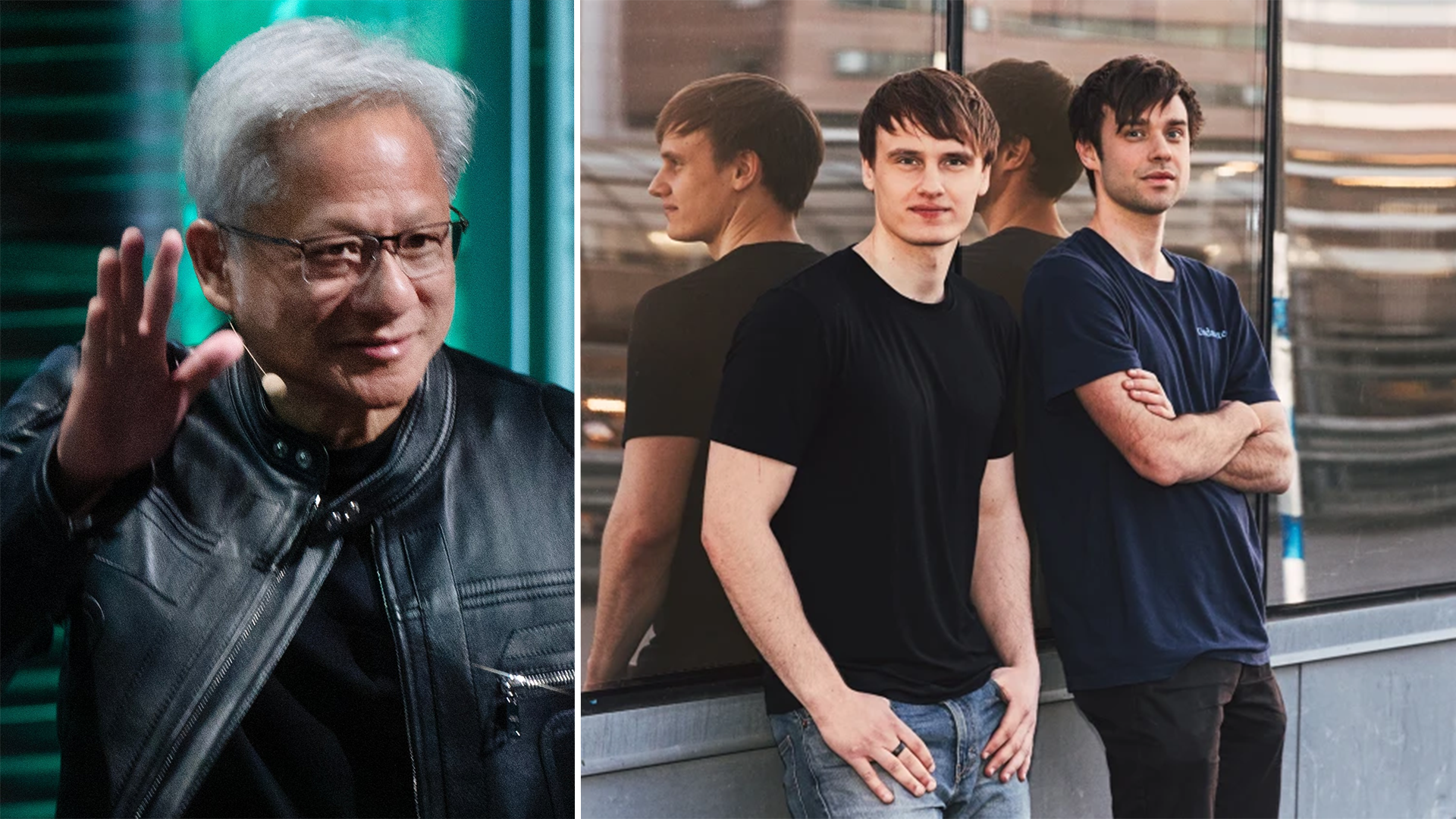 Nvidias vd Jensen Huang och Jensen Lovables teknikchef och medgrundare Fabian Hedin, här med grundaren och vd:n Anton Osika.