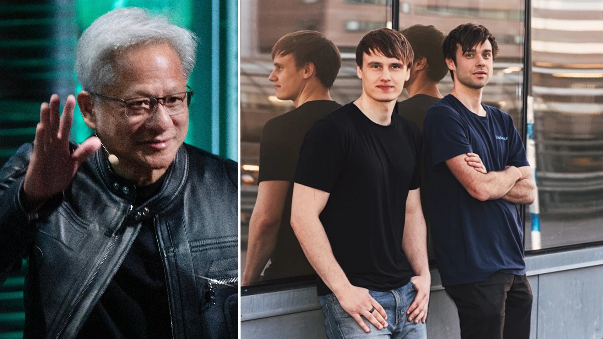 Nvidias vd Jensen Huang och Jensen Lovables teknikchef och medgrundare Fabian Hedin, här med grundaren och vd:n Anton Osika.