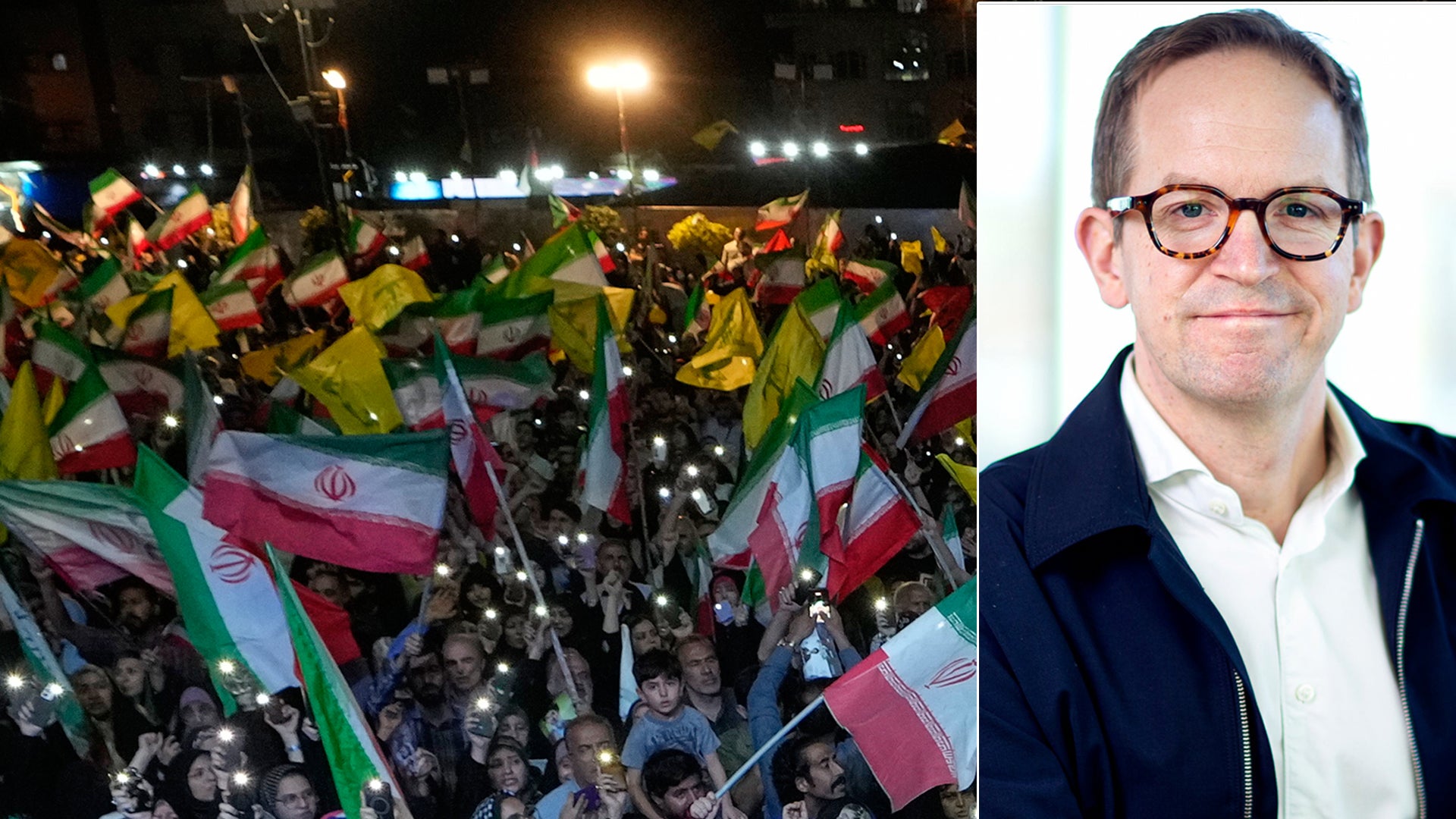 Sammansatt bild: Till vänster en stor folksamling på kvällen som håller iranska flaggor under en demonstration. Till höger ett porträtt av en man med glasögon och mörkblå jacka.