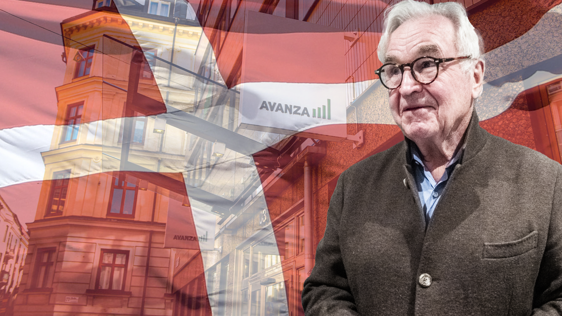 En äldre man med glasögon framför en bakgrund av röda byggnader och Avanza-logotypen.