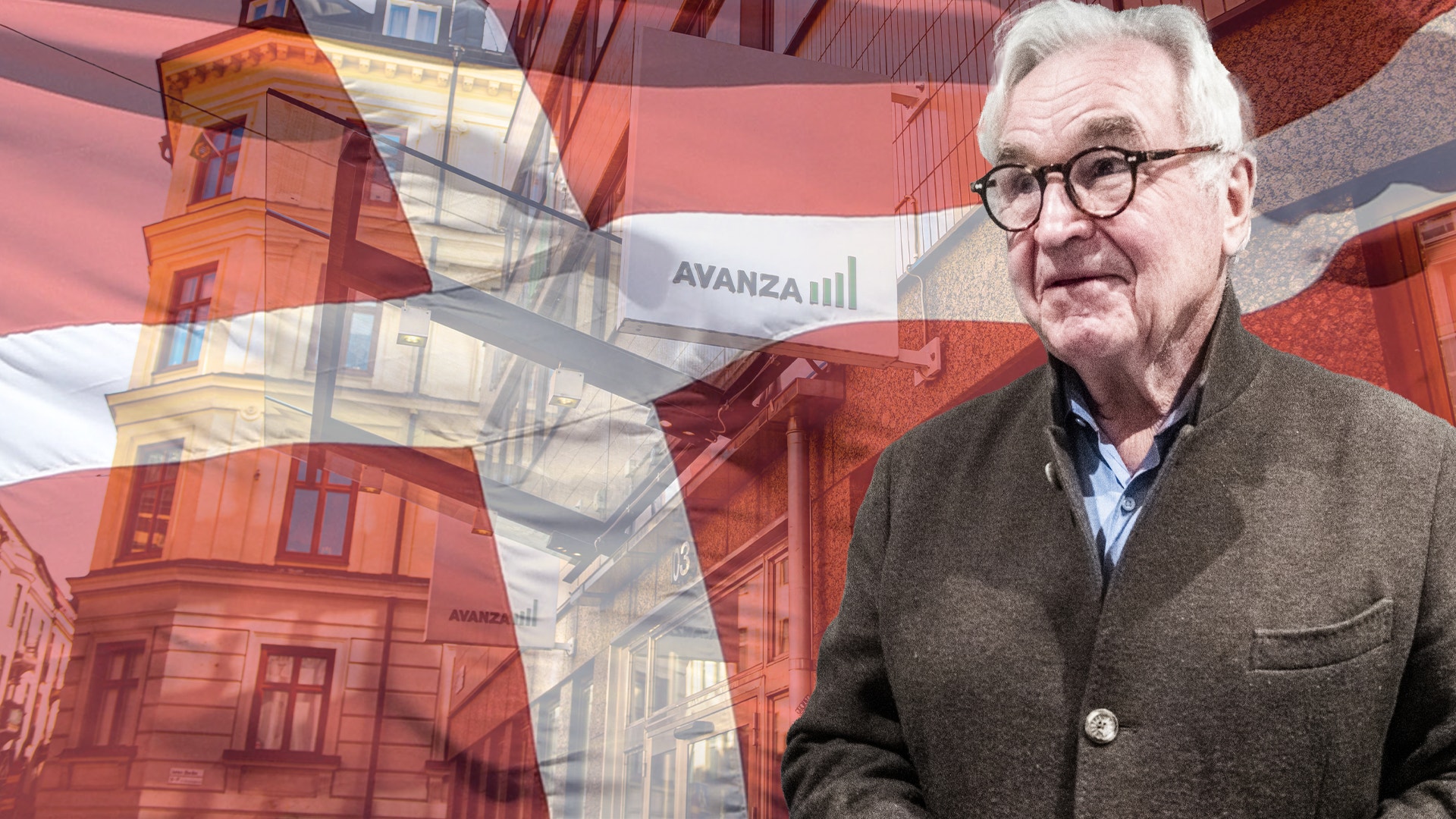 En äldre man med glasögon framför en bakgrund av röda byggnader och Avanza-logotypen.