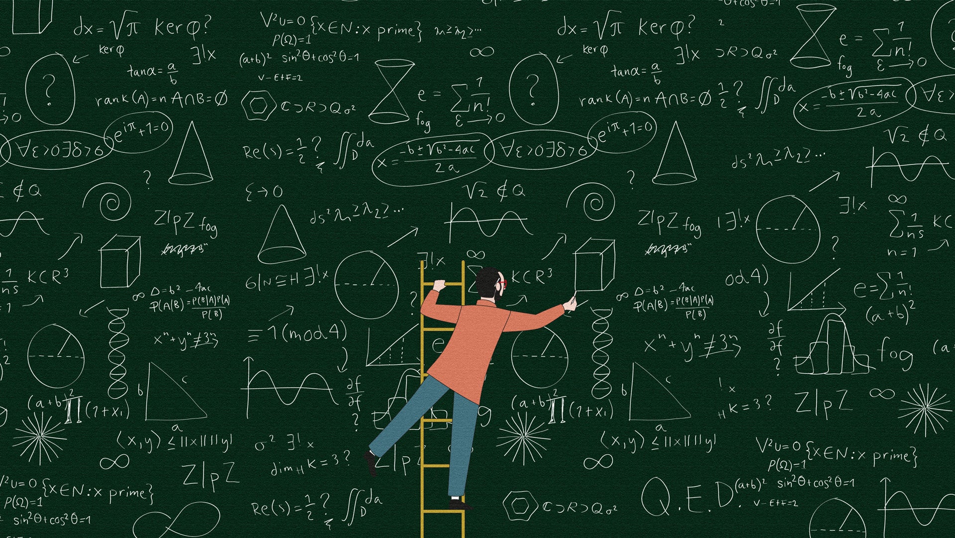 Illustration av en person som står på en stege och skriver matematiska formler på en stor grön griffeltavla full av ekvationer och symboler.