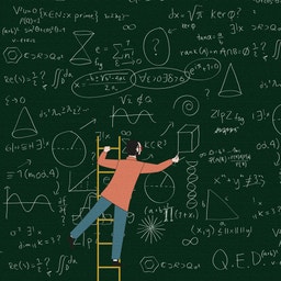 Illustration av en person som står på en stege och skriver matematiska formler på en stor grön griffeltavla full av ekvationer och symboler.