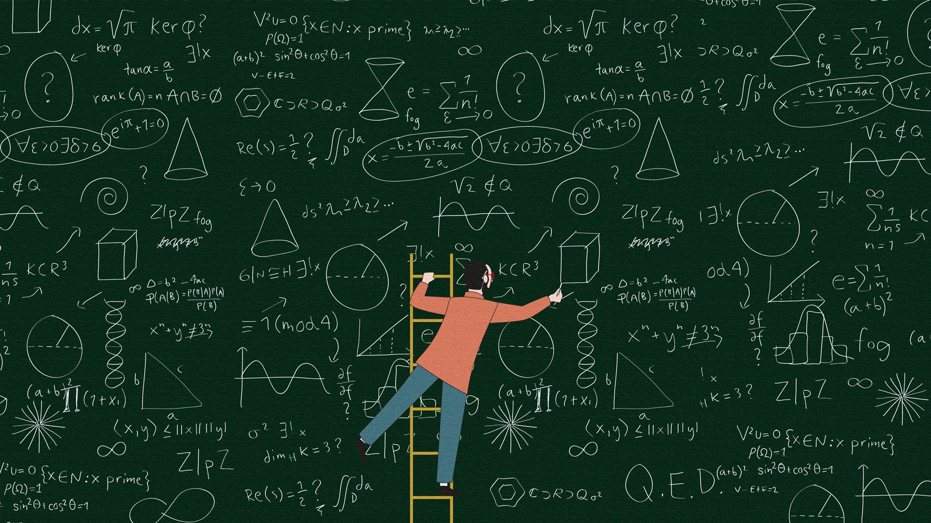 Illustration av en person som står på en stege och skriver matematiska formler på en stor grön griffeltavla full av ekvationer och symboler.