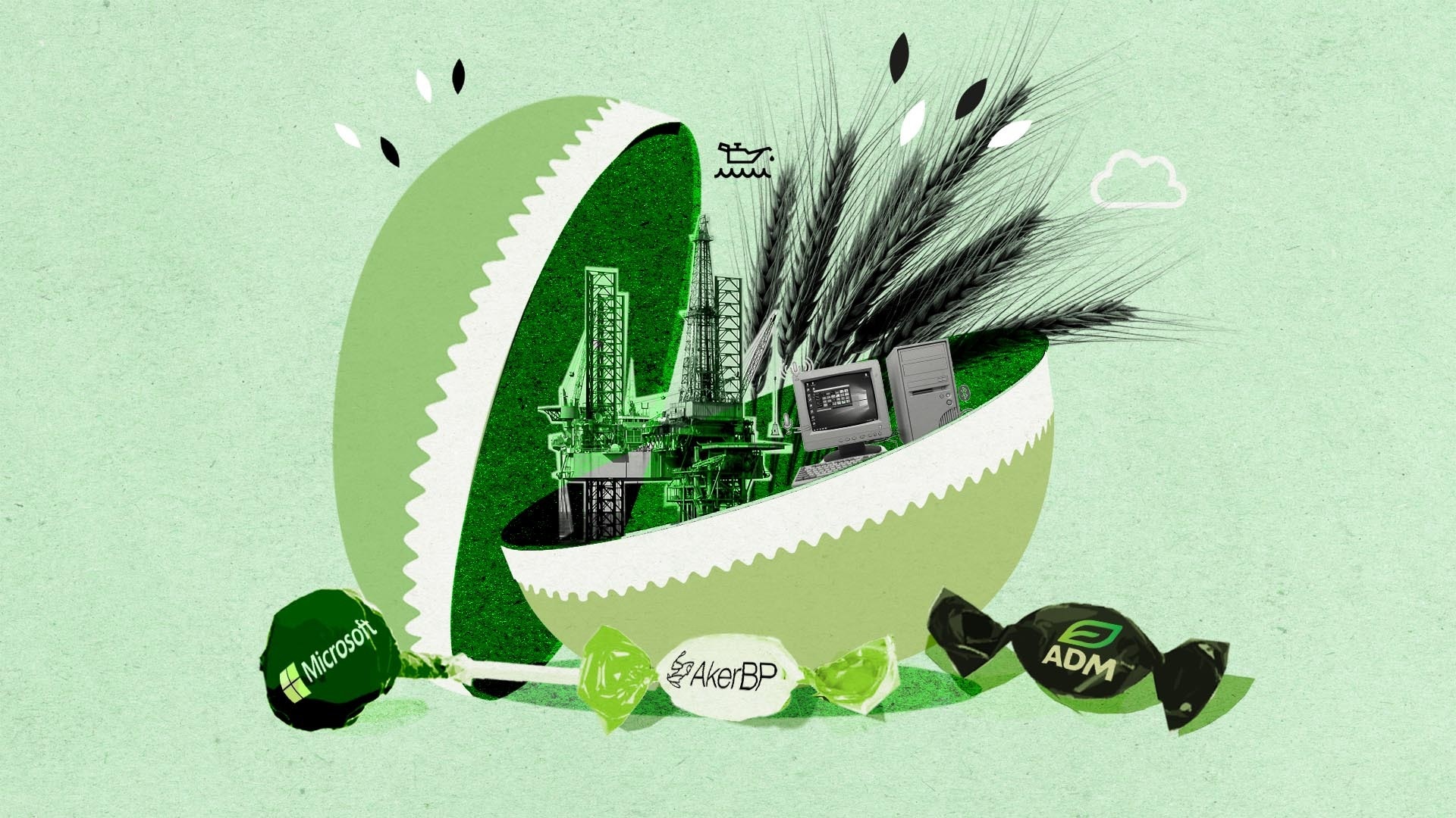 Illustration av grön industri med fabriksbyggnader omgivna av gröna löv och växtdelar som symboliserar hållbar utveckling och miljövänlig teknik.