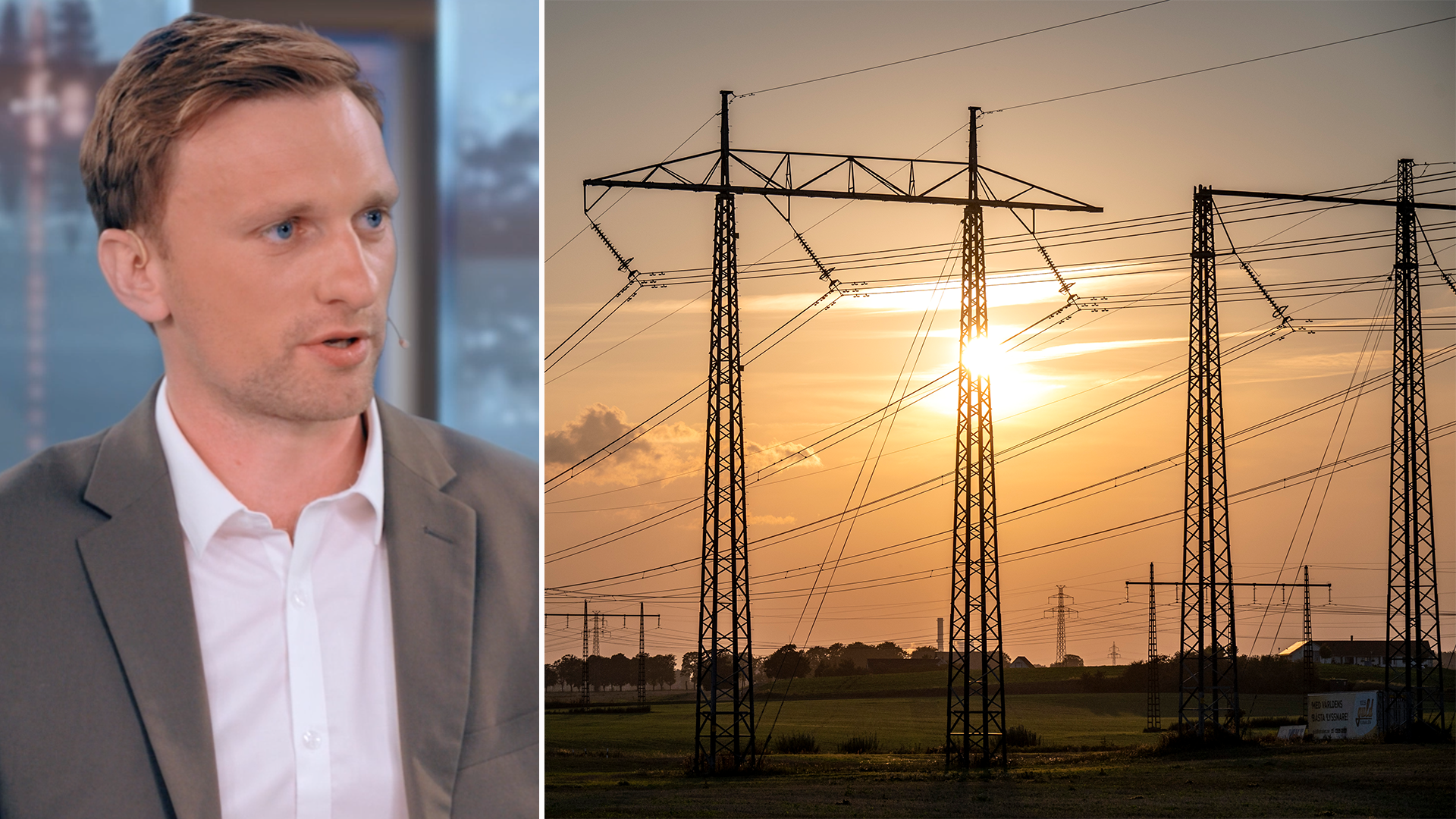 Sammansatt bild med en man i kostym på vänster sida och högspänningsledningar mot solnedgång på höger sida, illustrerar elpriser och energi.