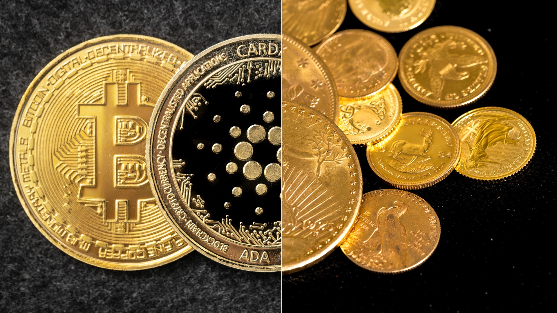Bild på guldmynt och kryptovalutamynt arrangerade mot en mörk bakgrund.