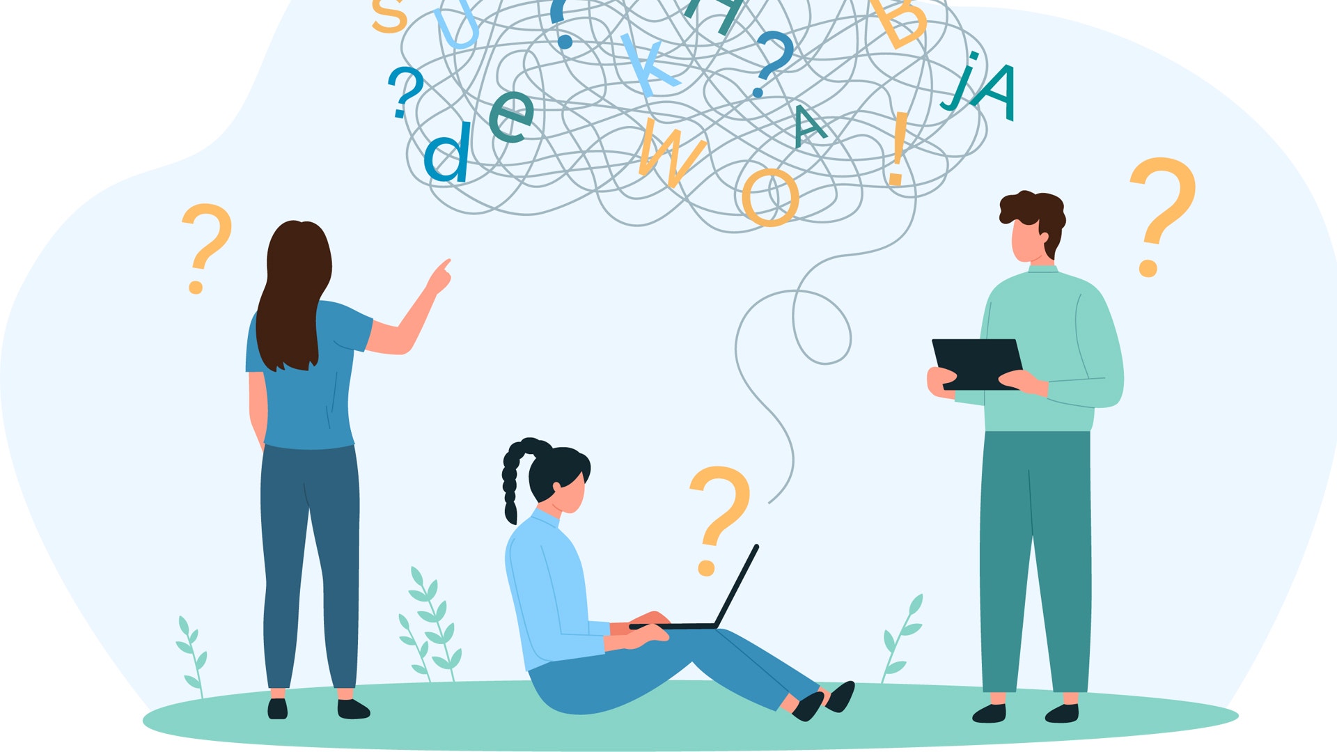 Illustration som visar tre personer som jobbar, men de alla är frågande till arbetsuppgiften och språket i den.