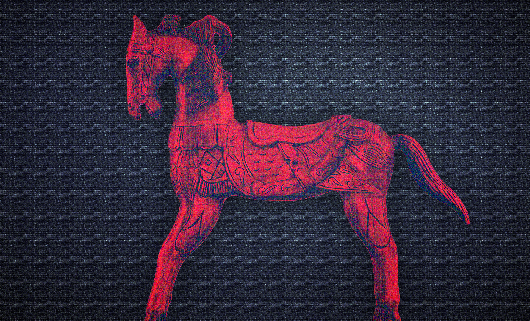 Röd dekorativ häst med ornamenterad sadel på mörk bakgrund