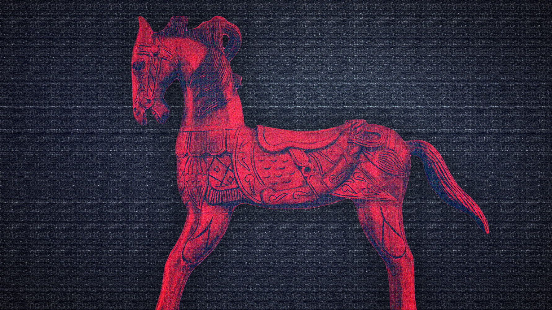 Röd dekorativ häst med ornamenterad sadel på mörk bakgrund