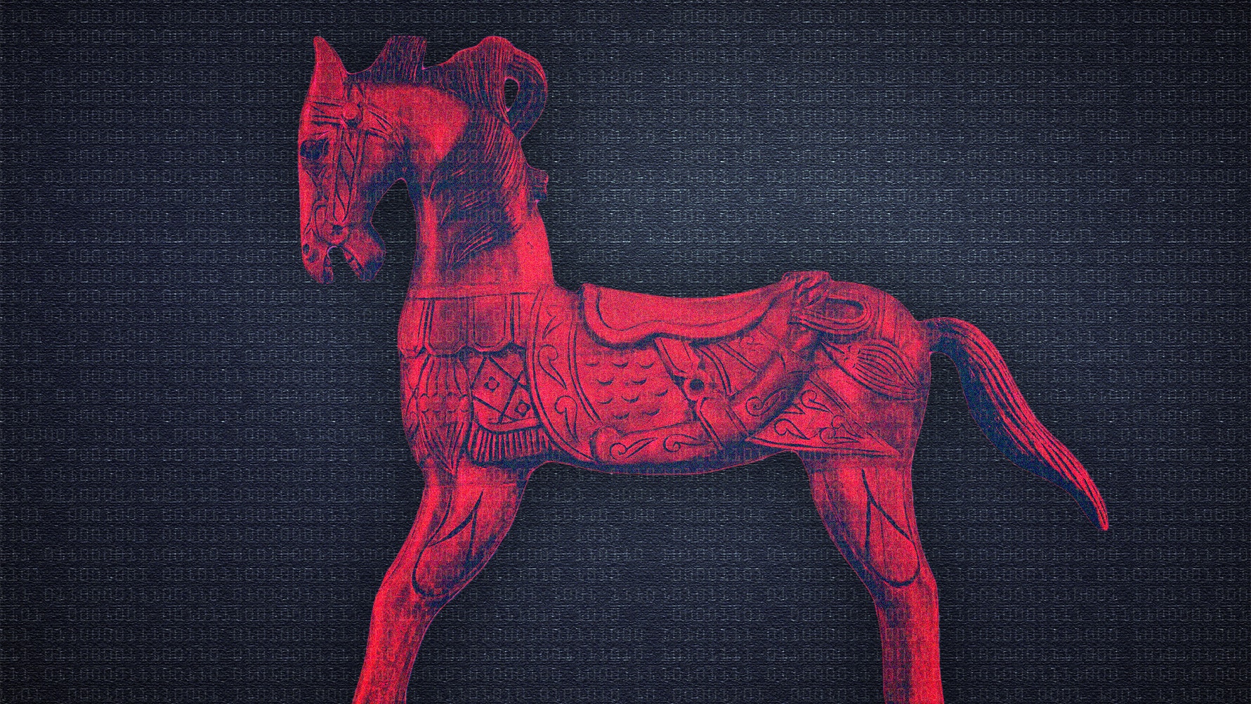 Röd dekorativ häst med ornamenterad sadel på mörk bakgrund