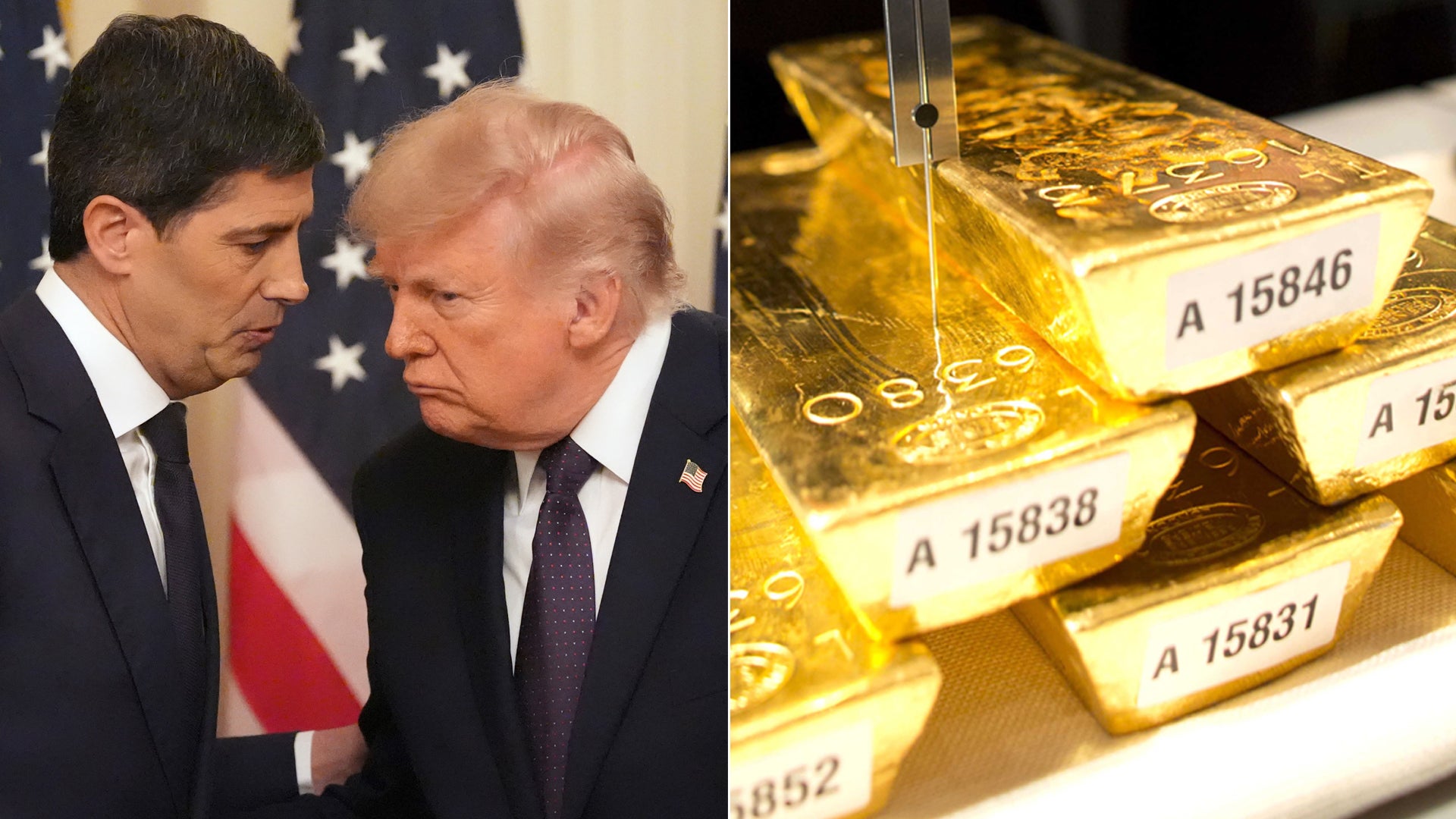 Två män i kostym samtalar framför amerikansk flagga. Till höger staplade guldtackor med serienummer.