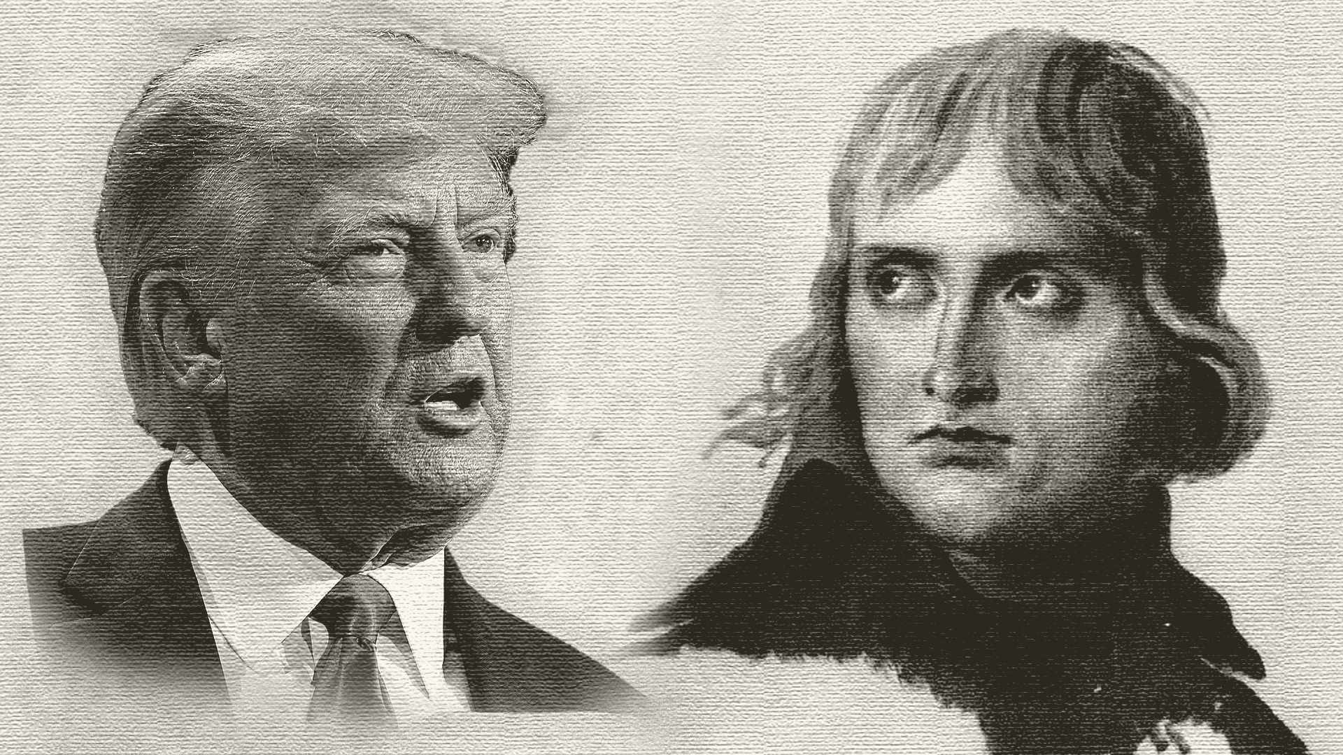 Svartvit illustration som visar två porträtt bredvid varandra: en modern politiker på vänster sida och Napoleon Bonaparte på höger sida.