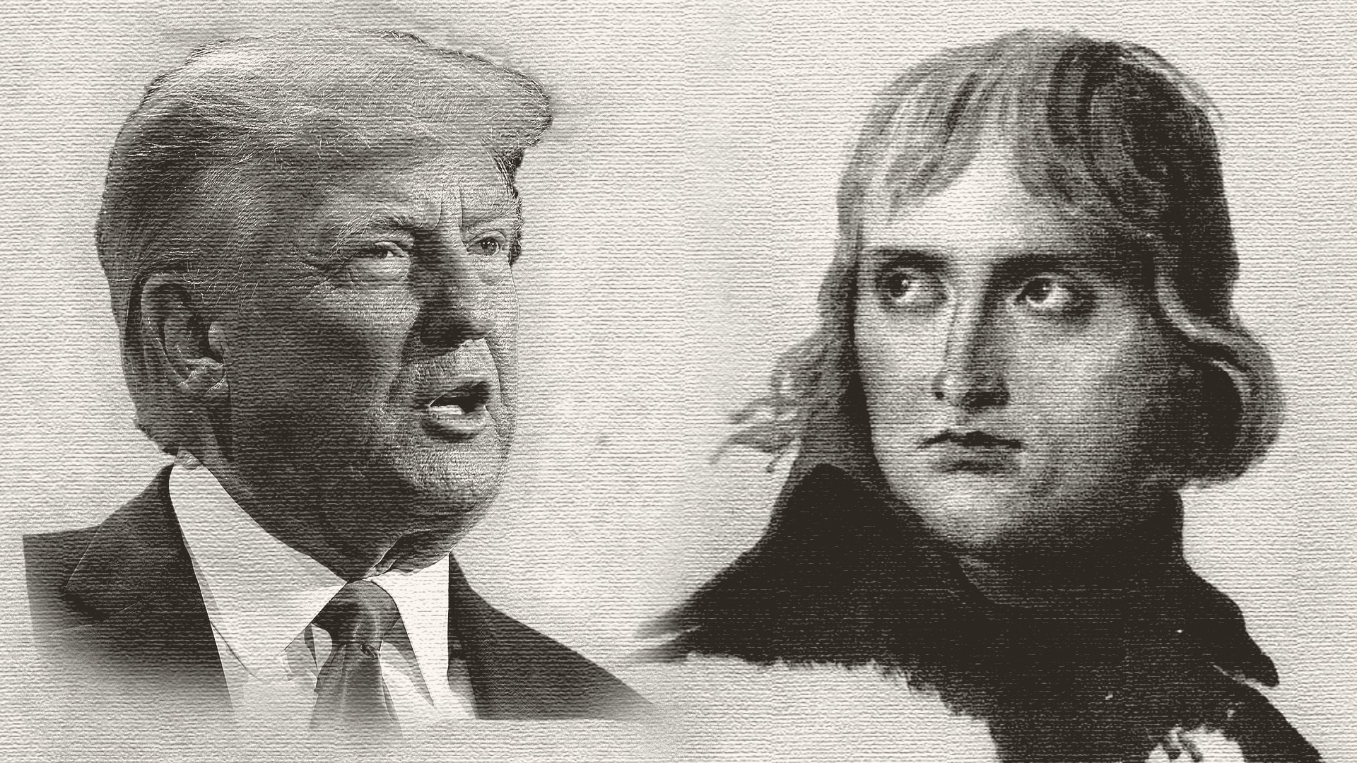 Svartvit illustration som visar två porträtt bredvid varandra: en modern politiker på vänster sida och Napoleon Bonaparte på höger sida.
