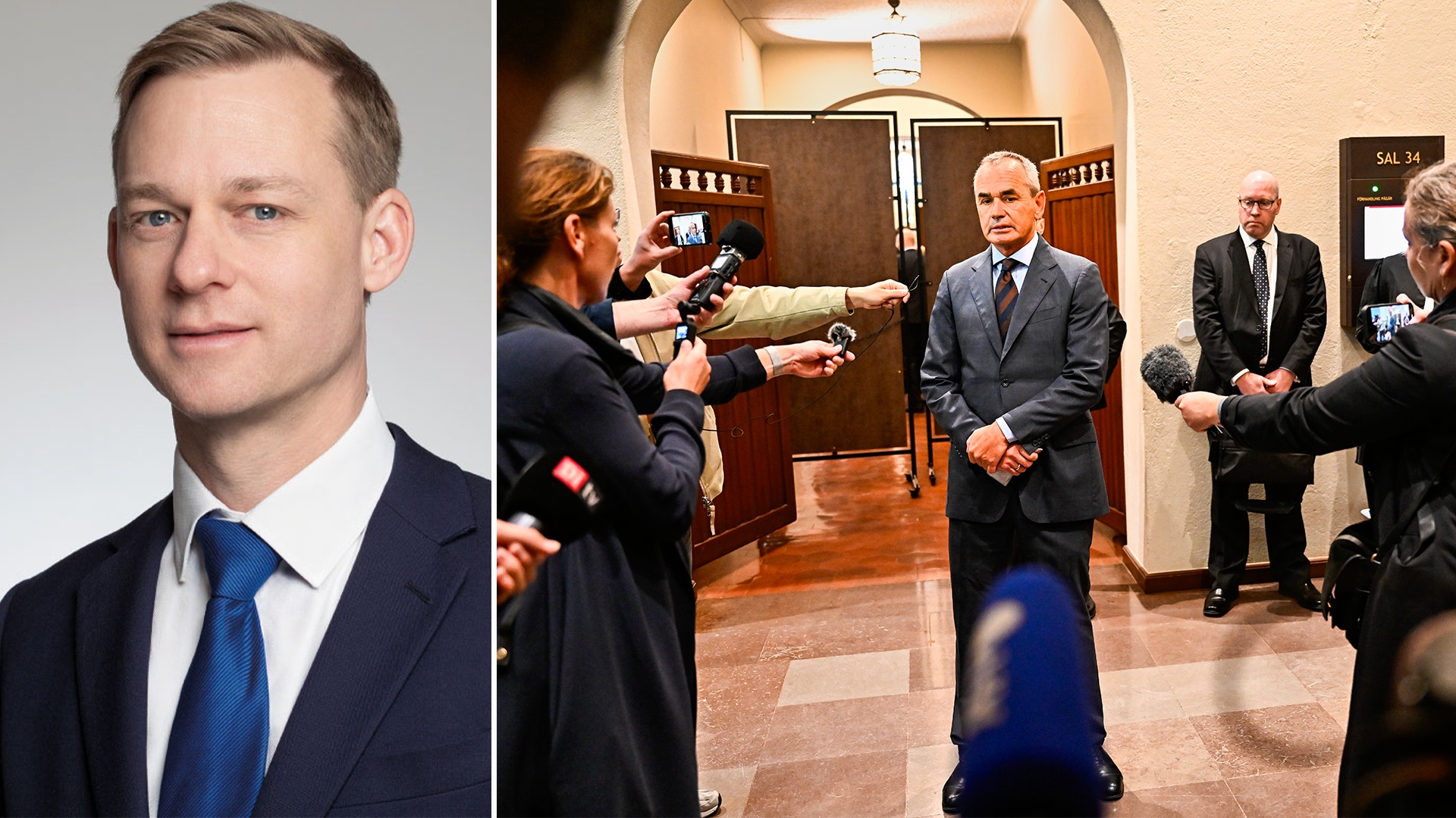 Sammansatt bild med porträtt av man i kostym till vänster och officiellt möte med flera män i kostym i elegant inomhusmiljö till höger.