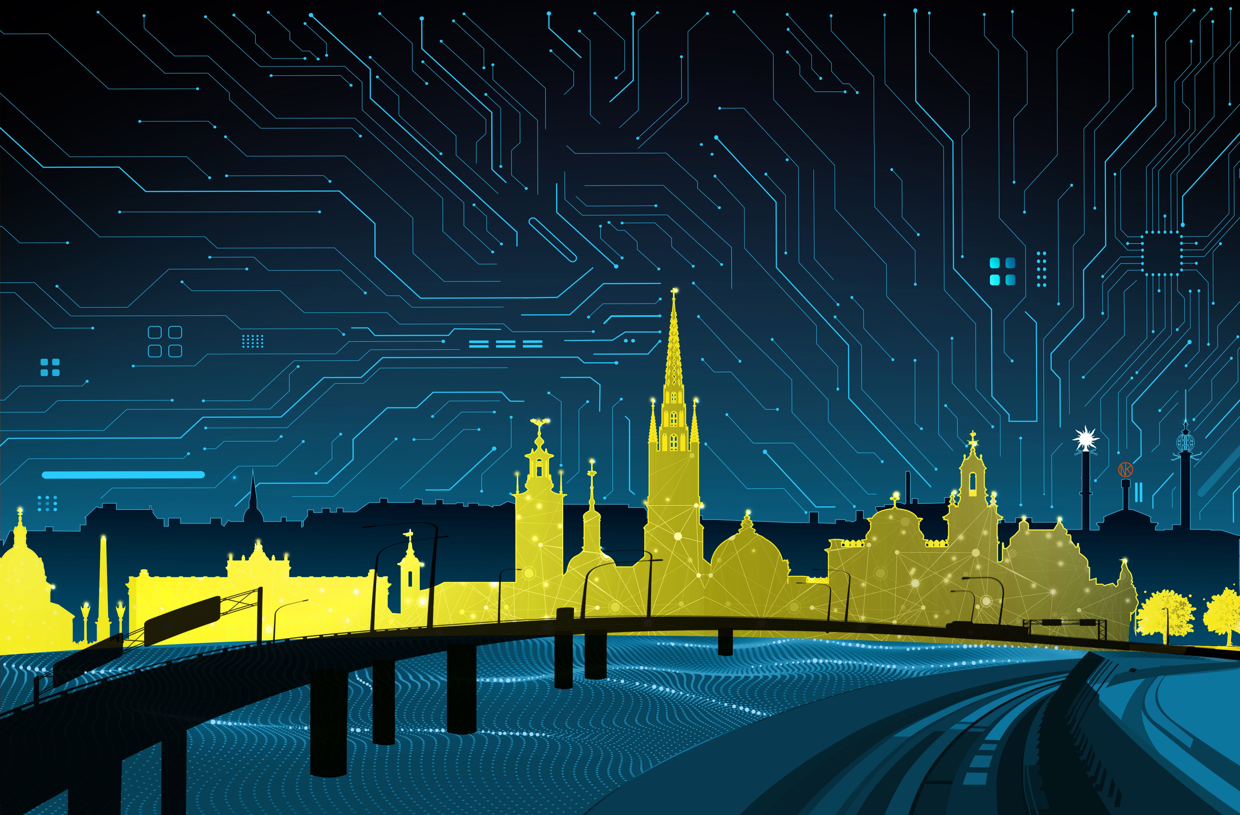 Stockholms skyline illustrerad i gult och blått med futuristiska elektroniska mönster och glittereffekter
