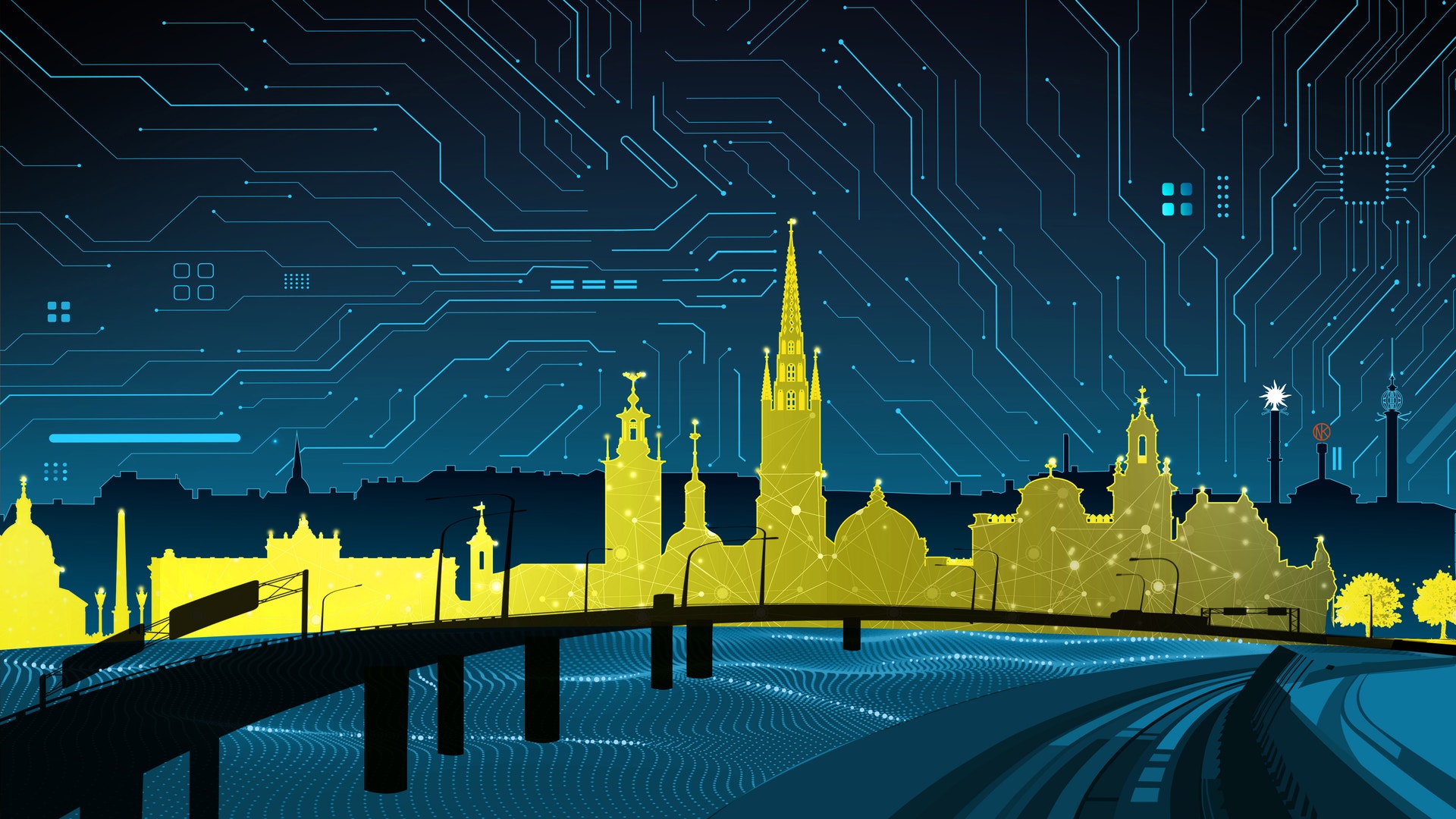 Stockholms skyline illustrerad i gult och blått med futuristiska elektroniska mönster och glittereffekter