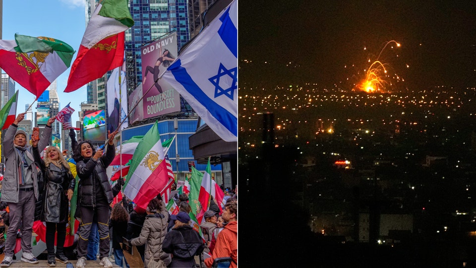 Två bilder: till vänster en demonstration med människor som håller flaggor, till höger en explosion eller eld på natten över ett mörkt landskap.