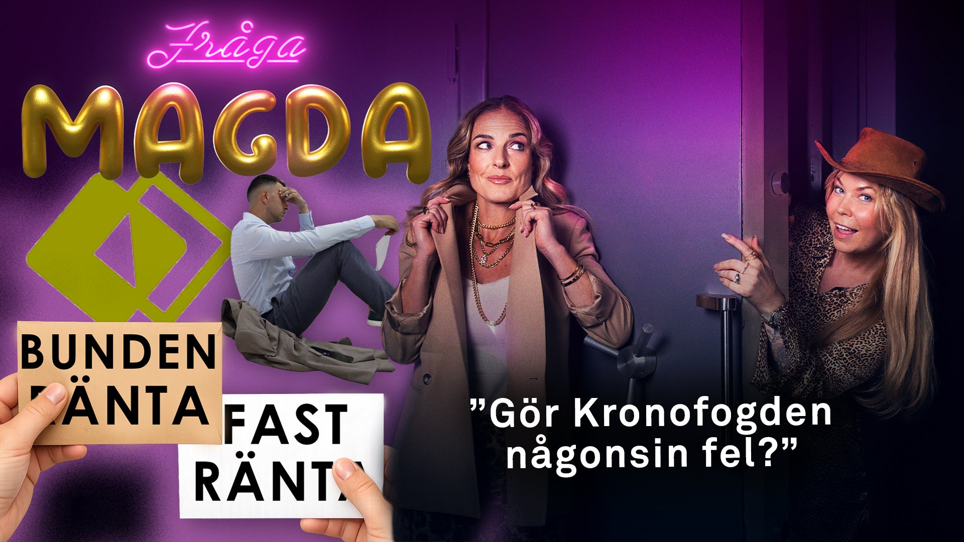 Promobild för podcasten Magda med neonbelysning, två kvinnor och en man i en modern designad layout med text och logotyper.