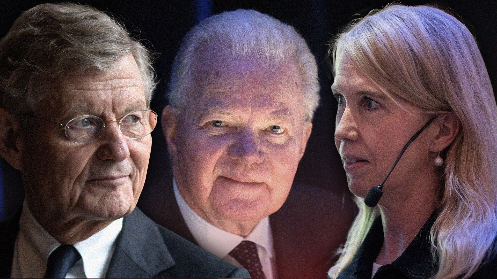 Tre porträttbilder av personer mot mörk bakgrund