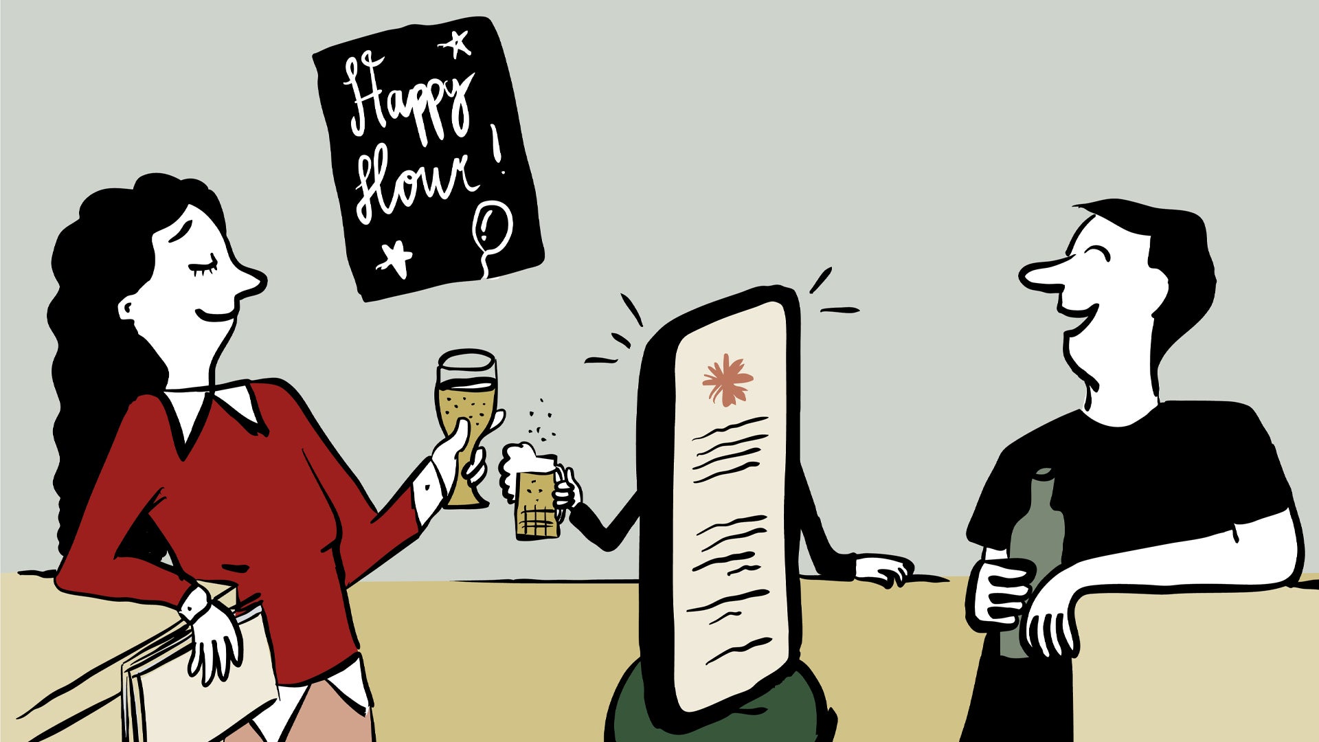 Två personer skålar och firar vid en bar tillsammans med en smartphone som också verkar glada. En skylt i bakgrunden säger Happy Hour.