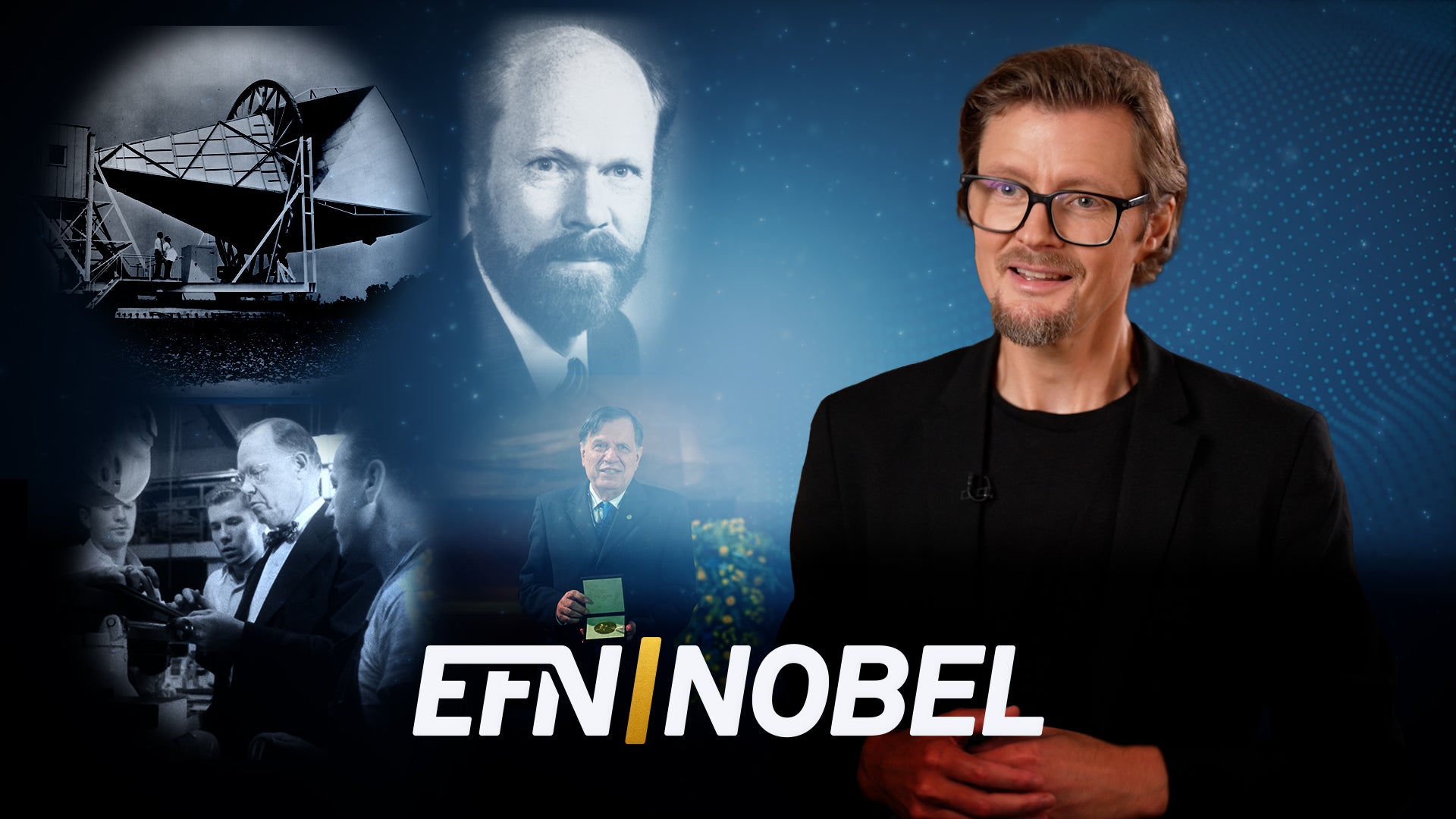 En man i svart kavaj tittar in i kameran och ler lätt. Bakom honom syns gamla fotografier från fysikens historia och texten EFN Nobel.