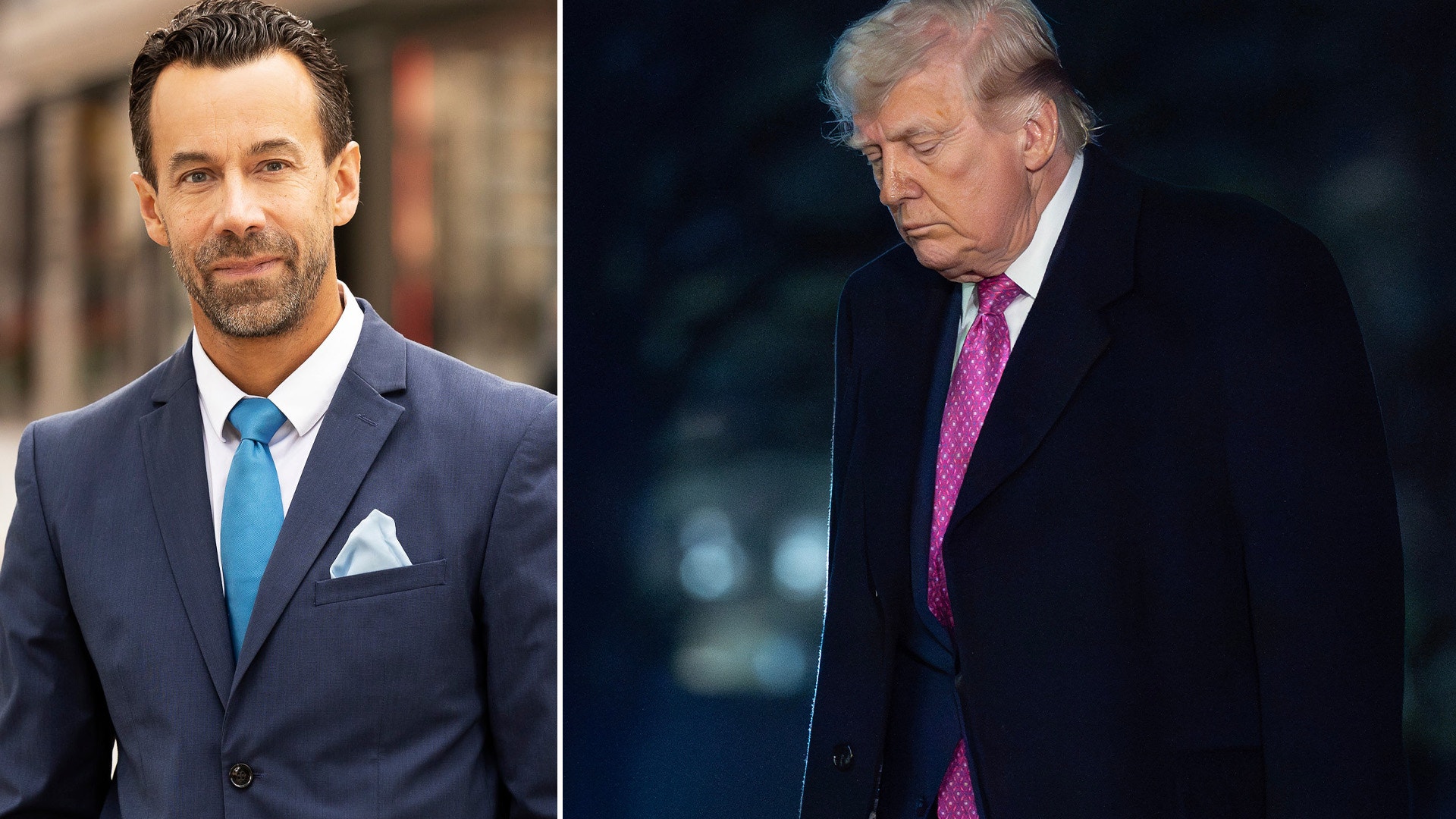 Två män i formell affärsklädsel. Till vänster en man i mörkblå kostym med blå slips, till höger en man i mörkblå kostym med rosa slips.