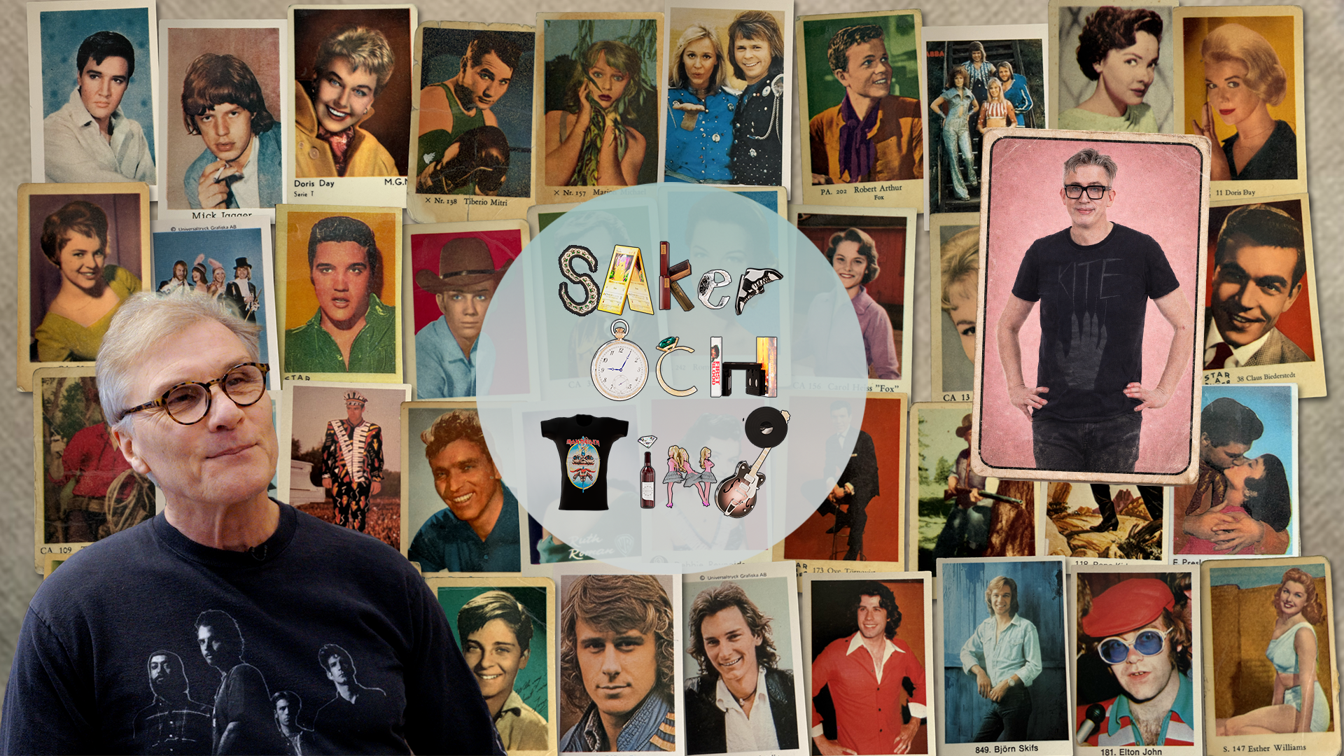 En person med glasögon framför en collage av vintage porträtt och SOT-logotyp