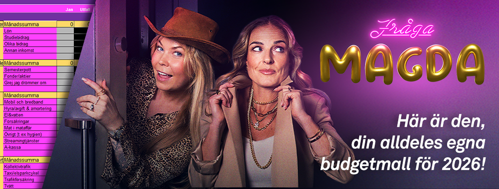 Två kvinnor framför neonljus med texten "Fraga Magda" och budgetmall för 2026