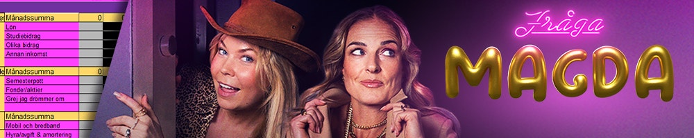 Två kvinnor framför neonljus med texten "Fraga Magda" och budgetmall för 2026