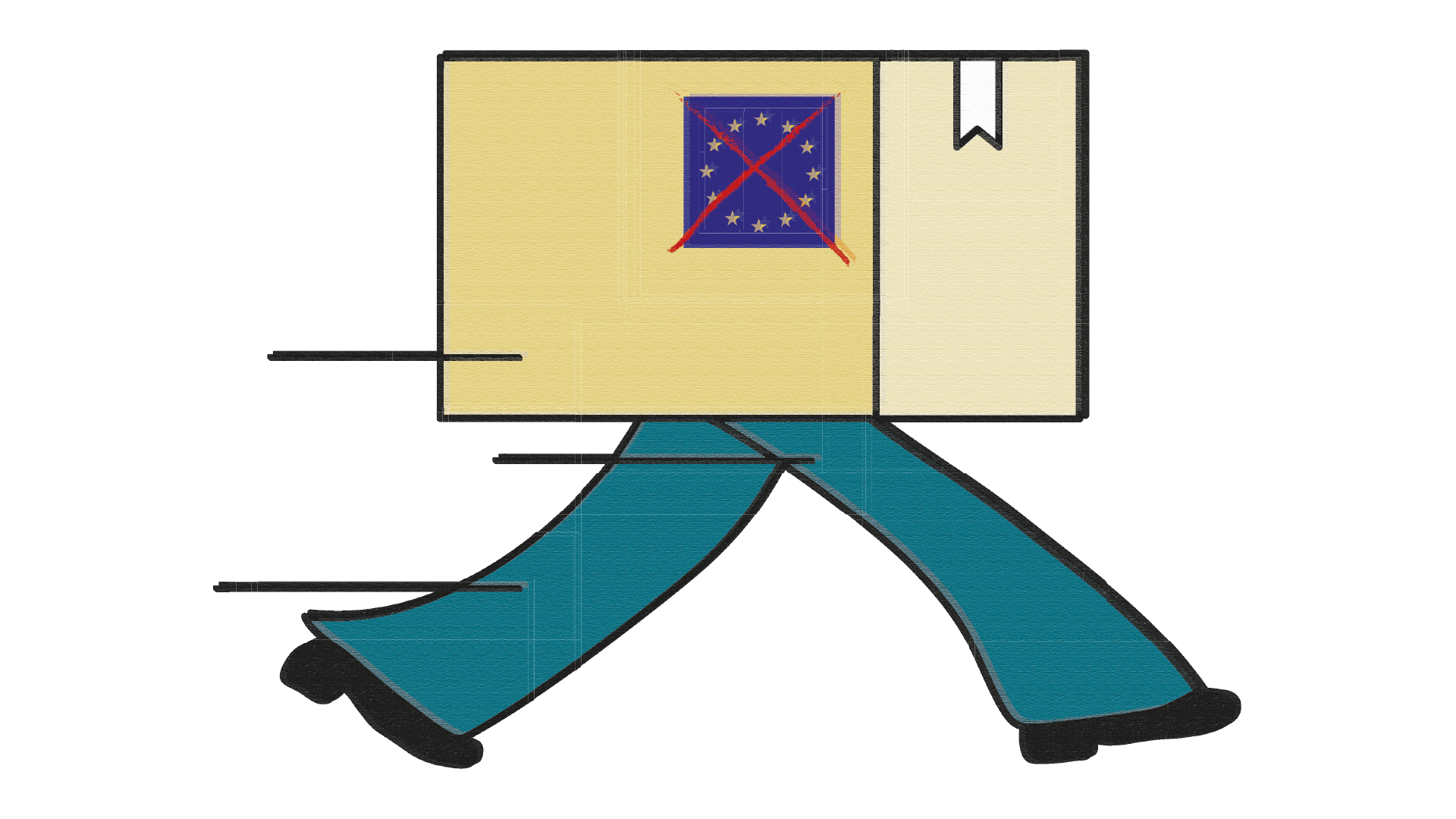 Illustration av en person som bär en gul kartong på huvudet. Kartongen har en blå etikett med röda stjärnor.