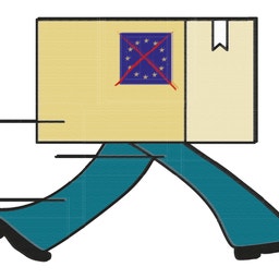 Illustration av en person som bär en gul kartong på huvudet. Kartongen har en blå etikett med röda stjärnor.