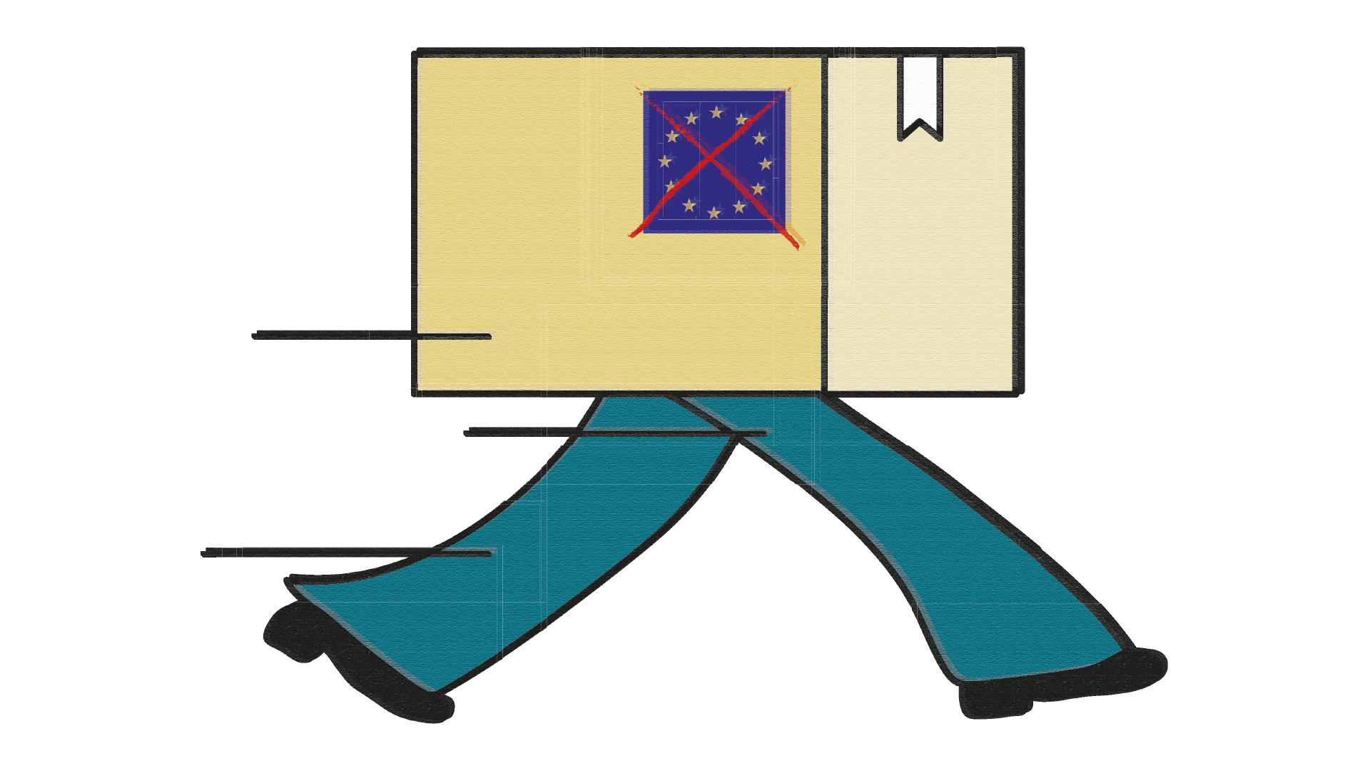 Illustration av en person som bär en gul kartong på huvudet. Kartongen har en blå etikett med röda stjärnor.