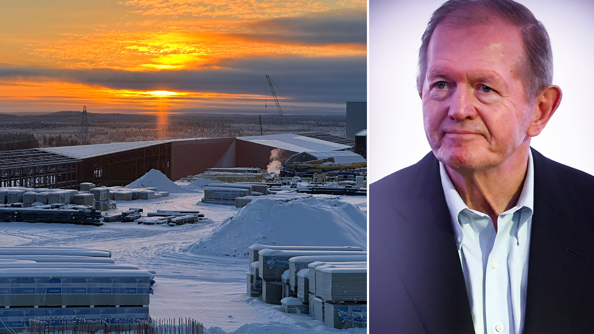 Sammansatt bild med vintersolnedgång över snöiga industribyggnader på vänster sida och porträtt av en man i kostym på höger sida.