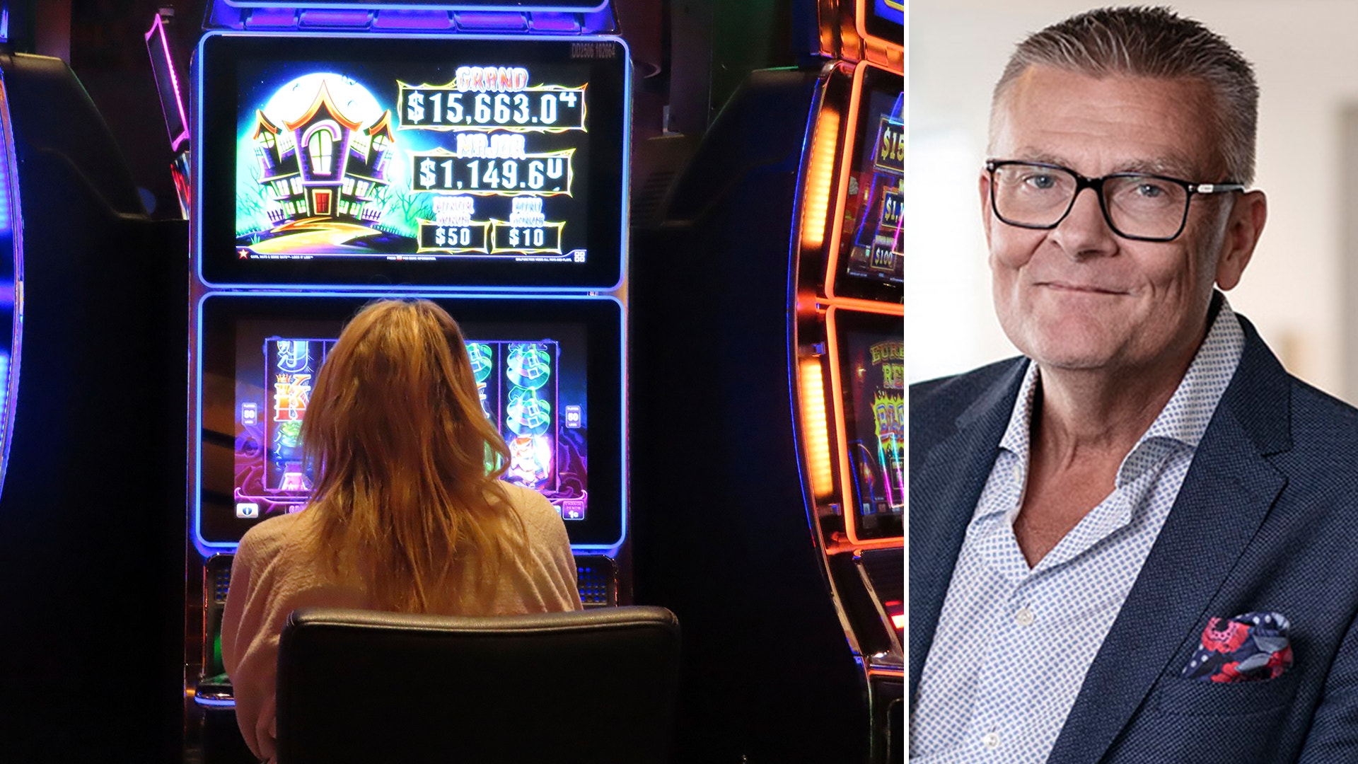 Splitbild på Björn Elfstrand och en kvinna som spelar på casino.
