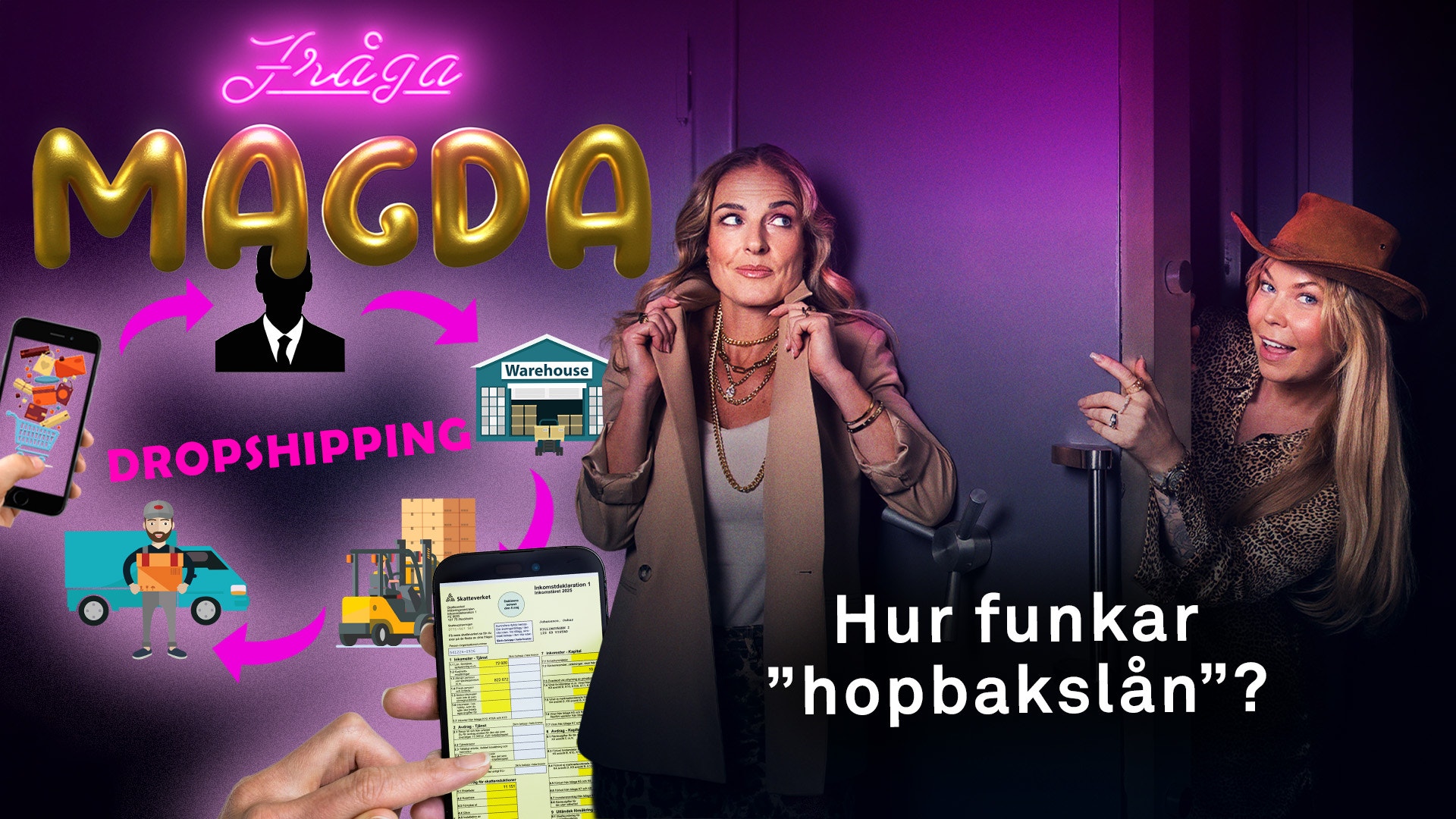Grafisk bild med neon-text som visar två kvinnor och frågan 'Hur funkar hopbakslån?' tillsammans med ikoner för dropshipping och e-handel på lila bakgrund.