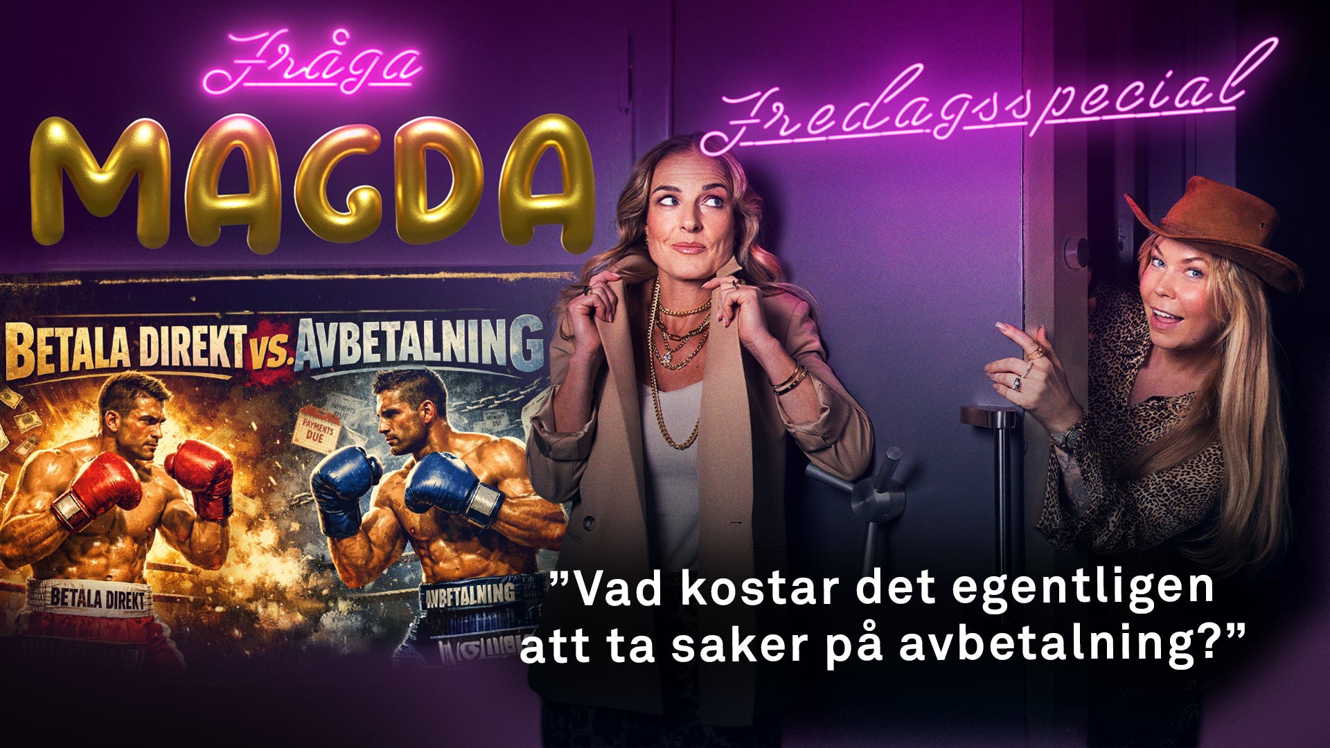 Två kvinnor presenterar en spelrelaterad show med neonbelysning och boxningsbilder i bakgrunden.