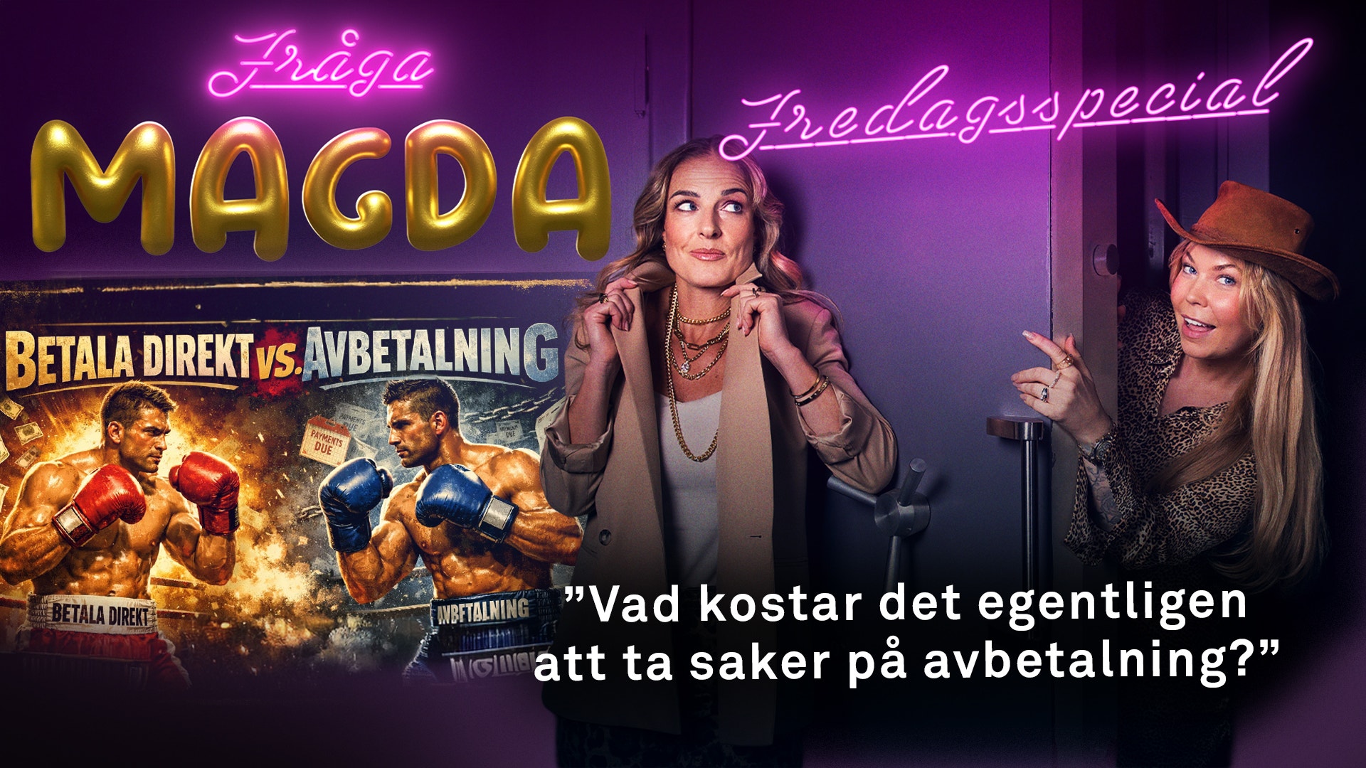 Två kvinnor presenterar en spelrelaterad show med neonbelysning och boxningsbilder i bakgrunden.