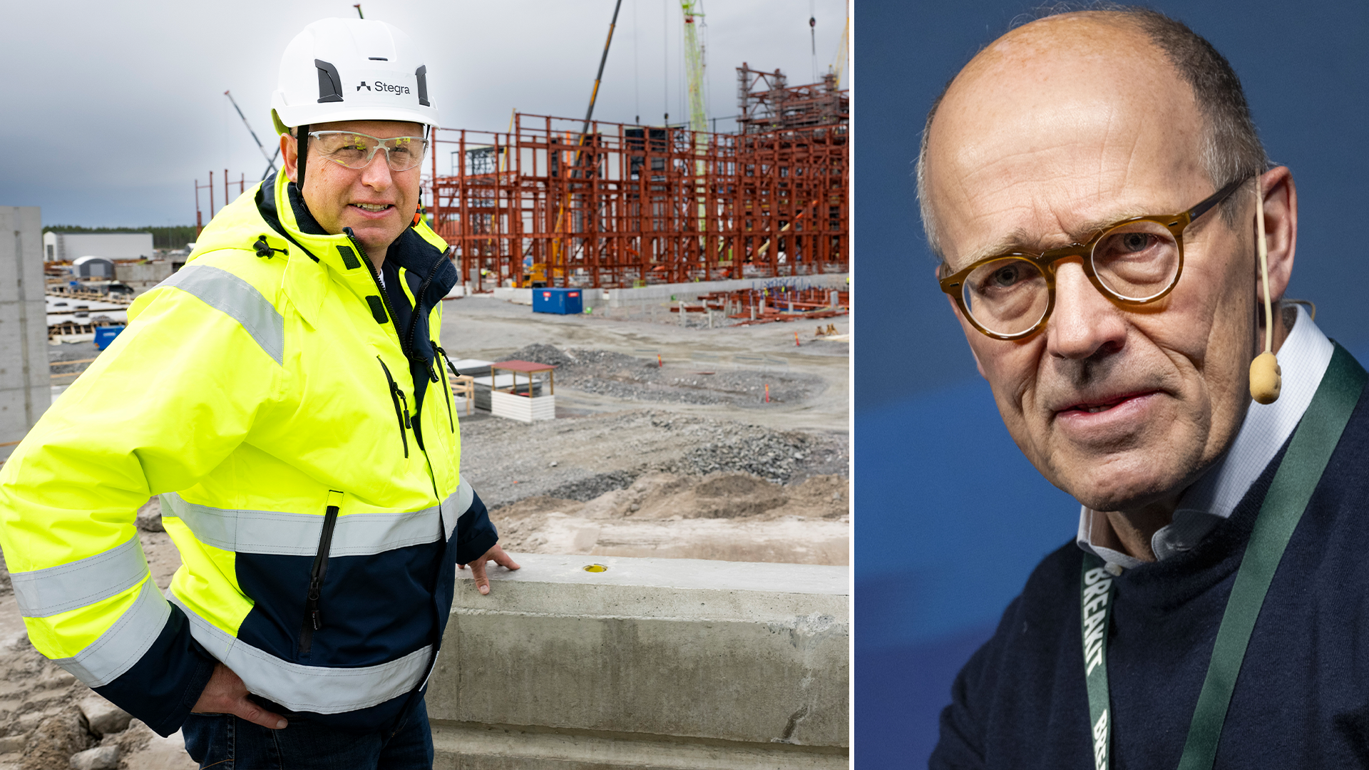 Två porträttbilder: en man i gul säkerhetsvest och hjälm på en byggarbetsplats, och en man i svart kläder med glasögon.