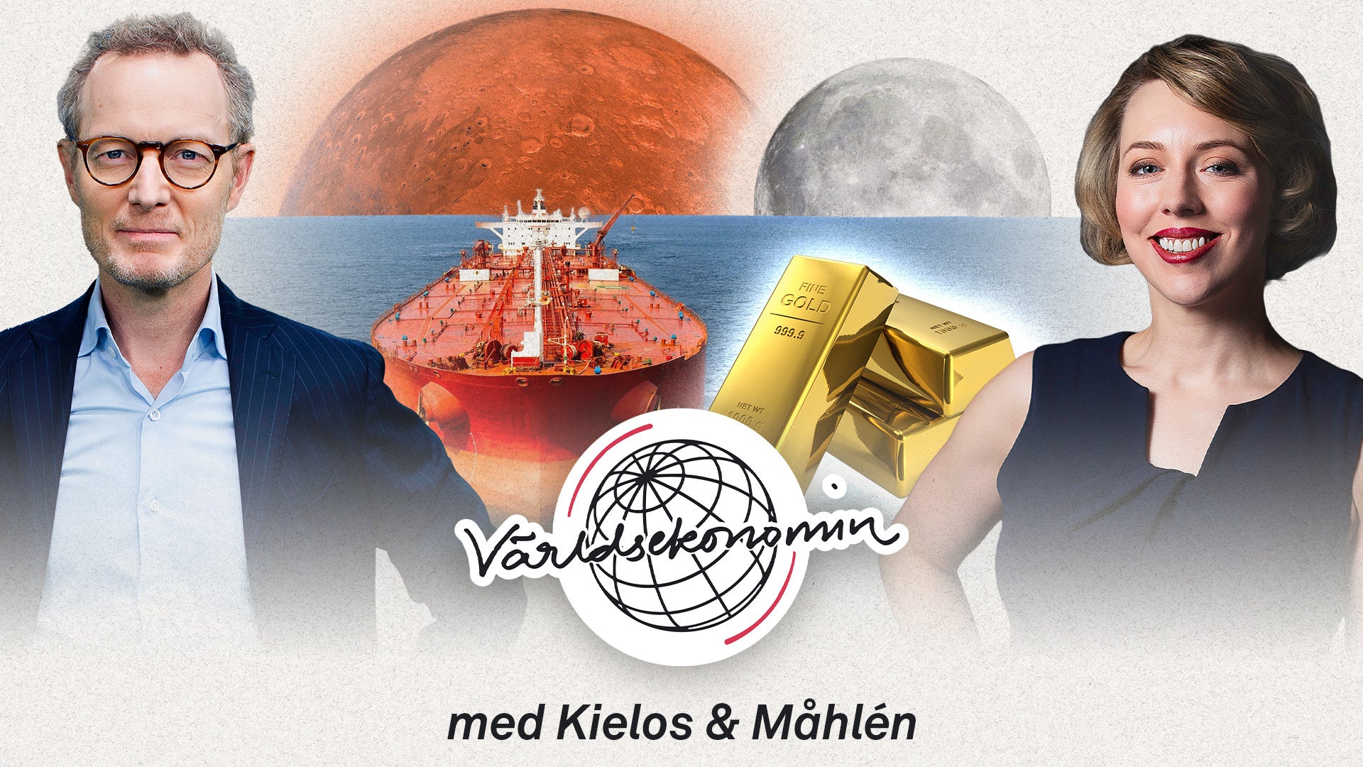 Podcast-omslag för Världsekonomin med två personer, planeter, ett lastfartyg och guldtackor