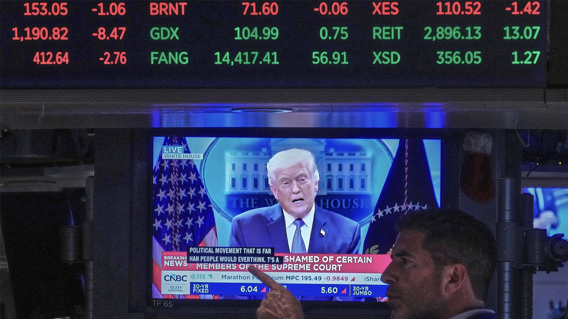 Börshandel med aktiekurser på displayskärm och nyhetsöverföring på stor skärm