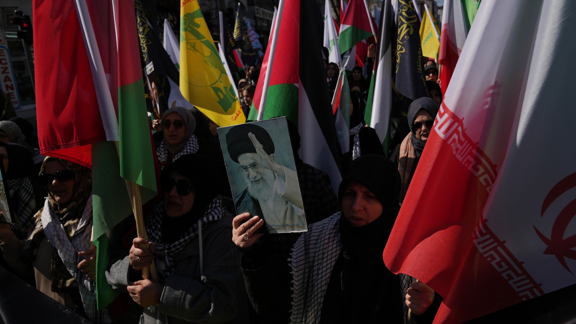 En demonstration med deltagare som håller upp olika flaggor och en porträttbild.