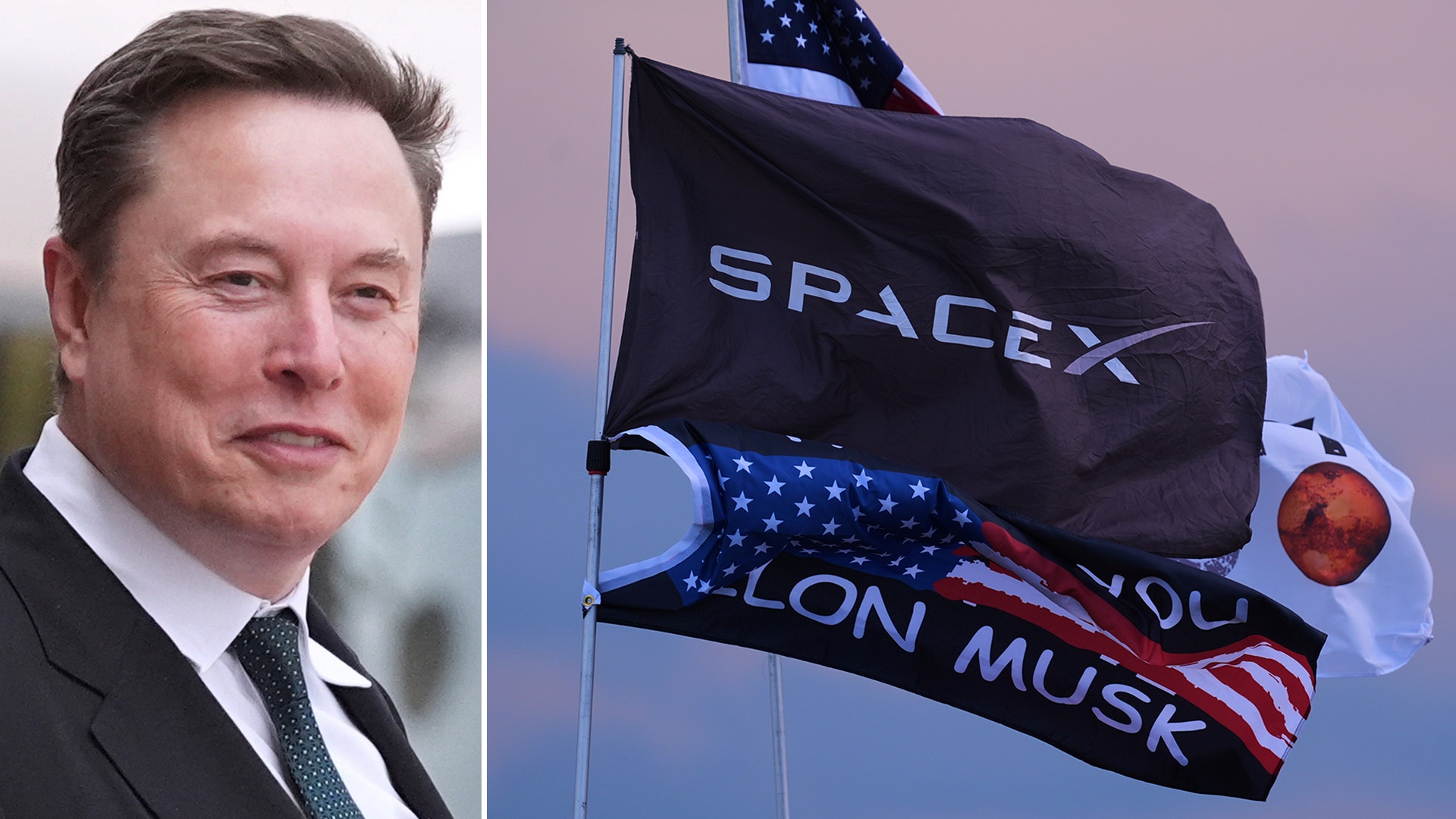 Porträtt av Elon Musk tillsammans med SpaceX-flaggor som visar företagets logotyp och namnet Elon Musk.
