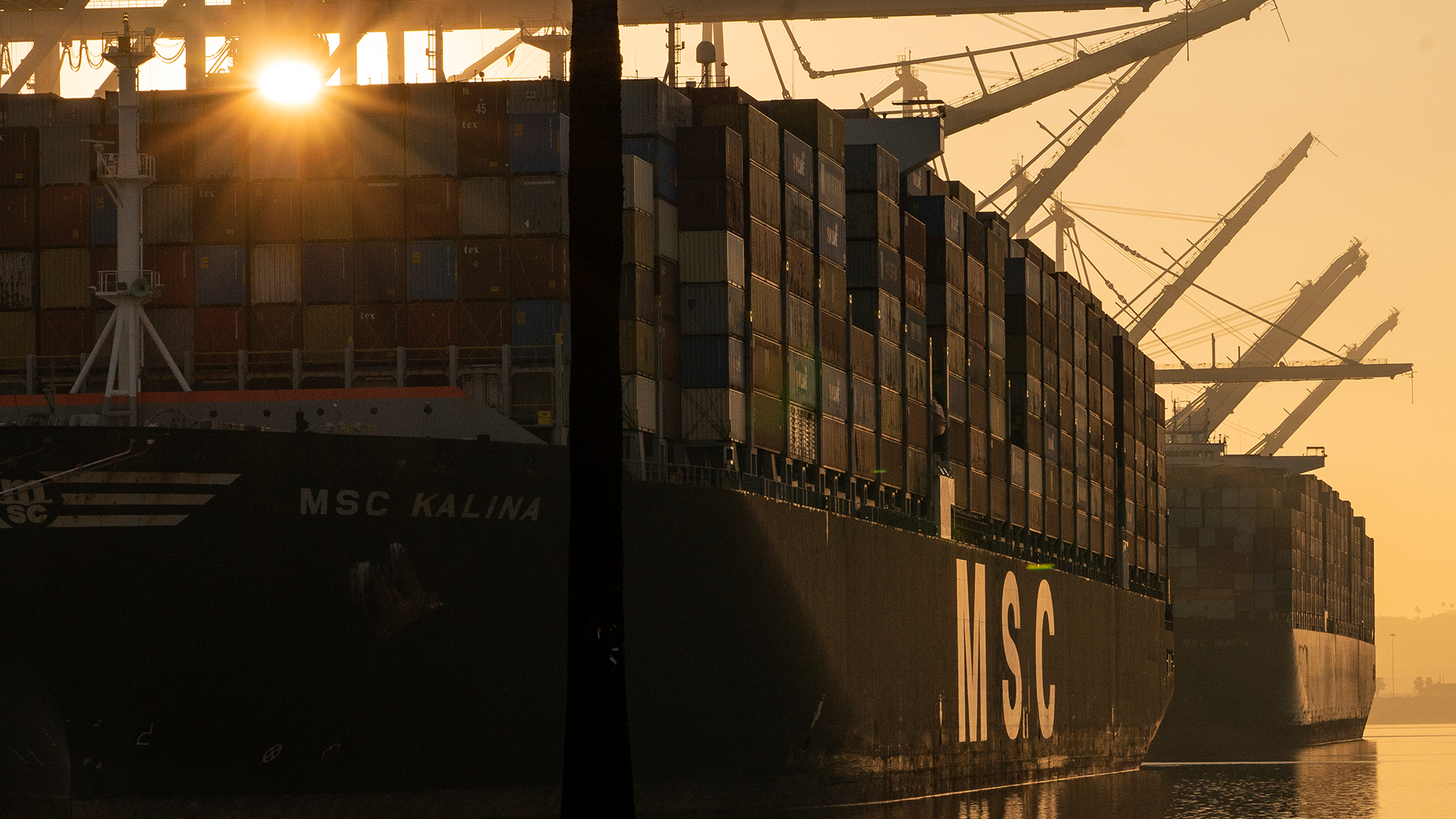 Containerfartyg fullastat med containrar ligger i hamn under gyllene solljus. Kranutrustning syns i bakgrunden.