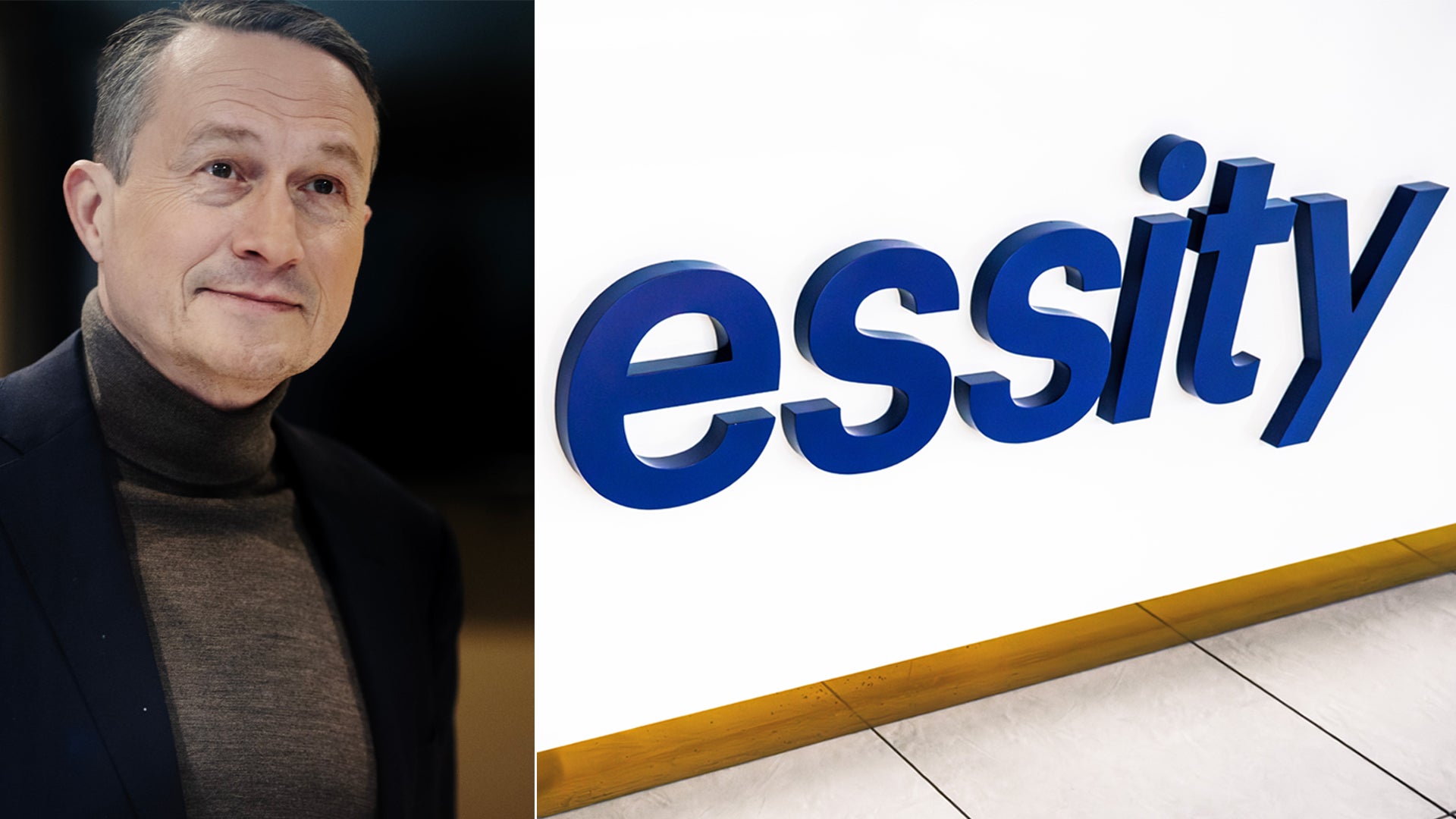 Man i mörk jacka och grå tröja bredvid Essity-logotypen