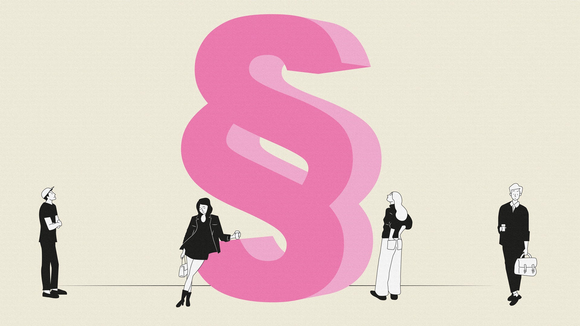 Illustration av en stor rosa paragraftecken med fyra personer som står omkring den.